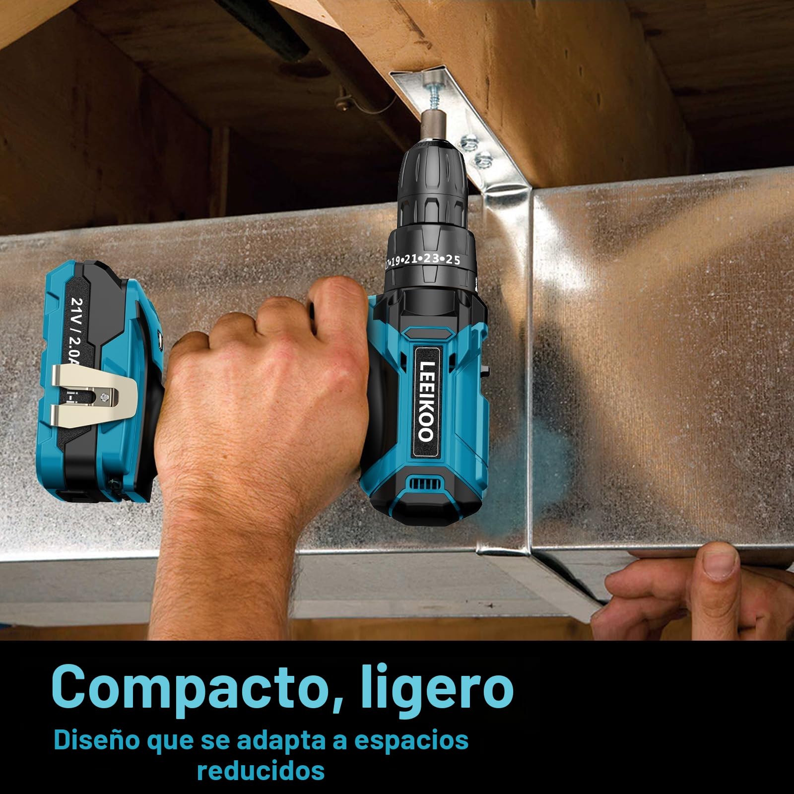 Taladro Percutor a Bateria 21V, LEEIKOO Taladro Atornillador Bateria, 42N.m Atornillador Electrico con Batería 2.0Ah, 25+3 Ajuste de Par, 24 Accesorios, 2 Velocidad, LED Luz Para Hogar, Bricolaje