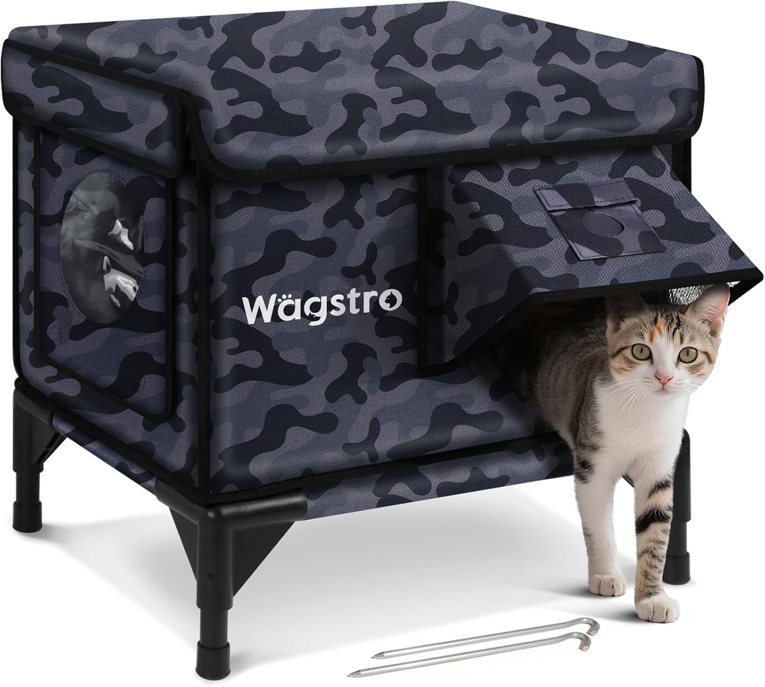 Unheated Cat House for Outdoor Cat in Winter, Elevated & Weatherproof Feral Cat Shelter with Escape Door for Stray Barn Cat (Black Camo, 12.5"x17"x18")