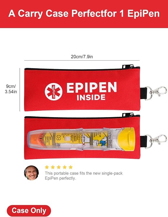 EpiPen Carry Case for 1 EpiPens Insulated, Double Sided Emergency Printing Epipen Holder Bag with Carabiner, Waterproof Travel Epipen Case for Asthma, Allergies, Sports & Outdoor Emergencies (Red)