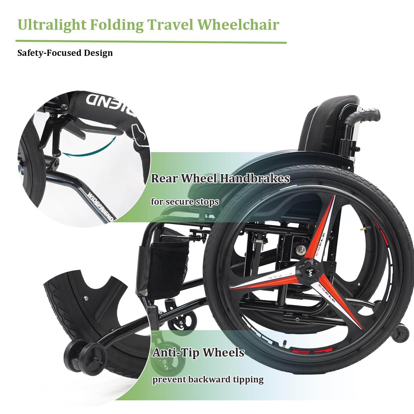 Sedia a Rotelle ad Autospinta Pieghevole Leggera, Poggiapiedi Pieghevoli, Freno Manuale, Ruote antiribaltamento(43cm/16.9in Seat,Daily)