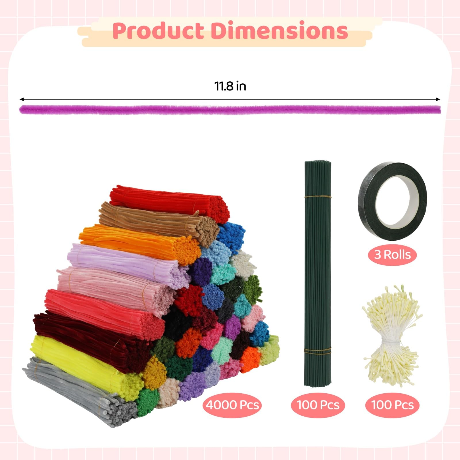 Lot de 4 000 cure-pipes en chenille en 40 couleurs, 100 tiges de fleurs, 3 rouleaux de ruban adhésif floral et étamines, bâtons torsadés pliables de 30 cm pour projets artistiques