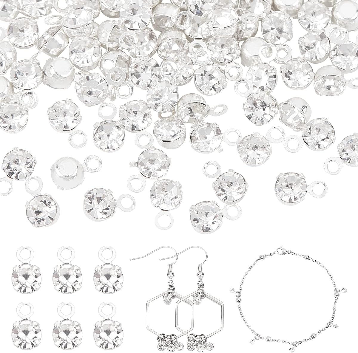 PH PandaHall Colgantes de diamantes de imitación, 100 piezas de 0.118 in pequeños colgantes de diamantes colgantes mini cuentas redondas de cristal para pendientes, pulseras, collares, gargantillas, tobilleras, joyas, manualidades, plata