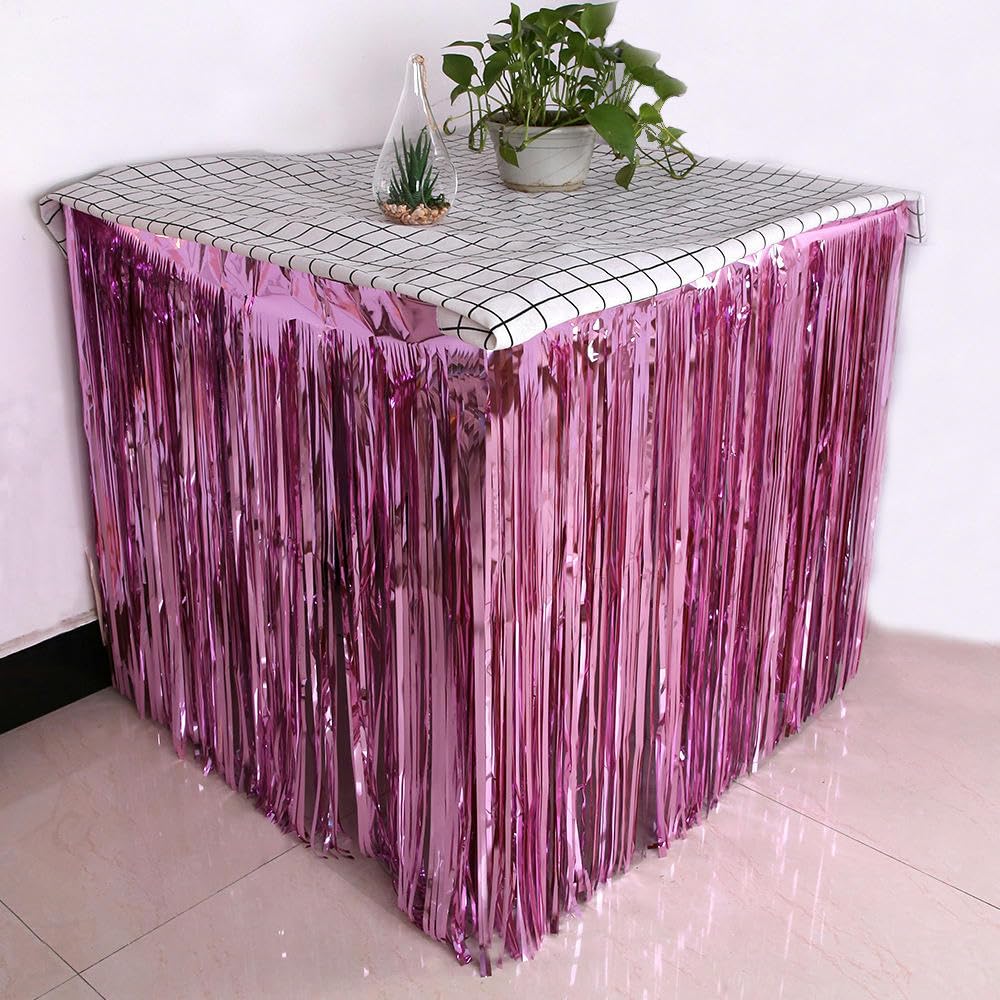 275 x 75 cm 10 szt. Różowa metaliczna frędzle frędzle brokatowe spódnice na stół folia blichtr spódnica na stół girlanda Tutu spódnica kwiatowa Baby Shower Hawajska spódnica na stół