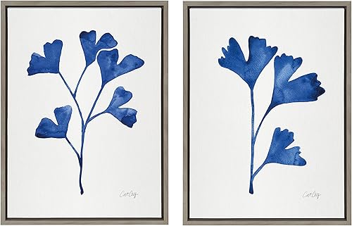 Miniatura 6 de Kate and Laurel Sylvie - Juego de 2 lienzos enmarcados de trío de ginkgo y ginkgo azul marino marino para pared, juego de 2 piezas de 18 x 24