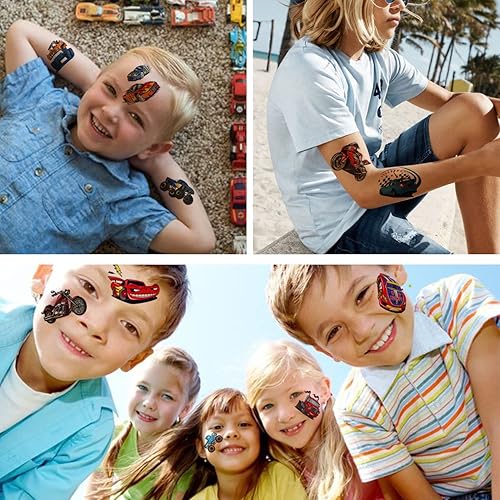 Miniatura 6 de 148 tatuajes temporales de autos de carreras y camión monstruo para niños, tatuajes individuales de automóvil GoKart para niños, regalos de fiesta