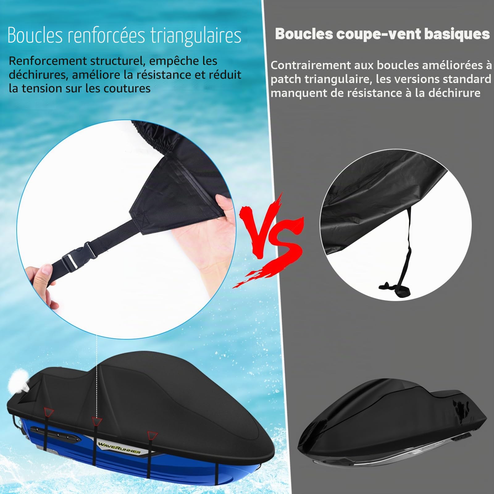 Housse pour Jet Ski 3 places, housse de protection pour jet ski 900D Seadoo, revêtement nano argent imperméable, boucles de protection contre le vent améliorées avec renfort en tissu triangulaire