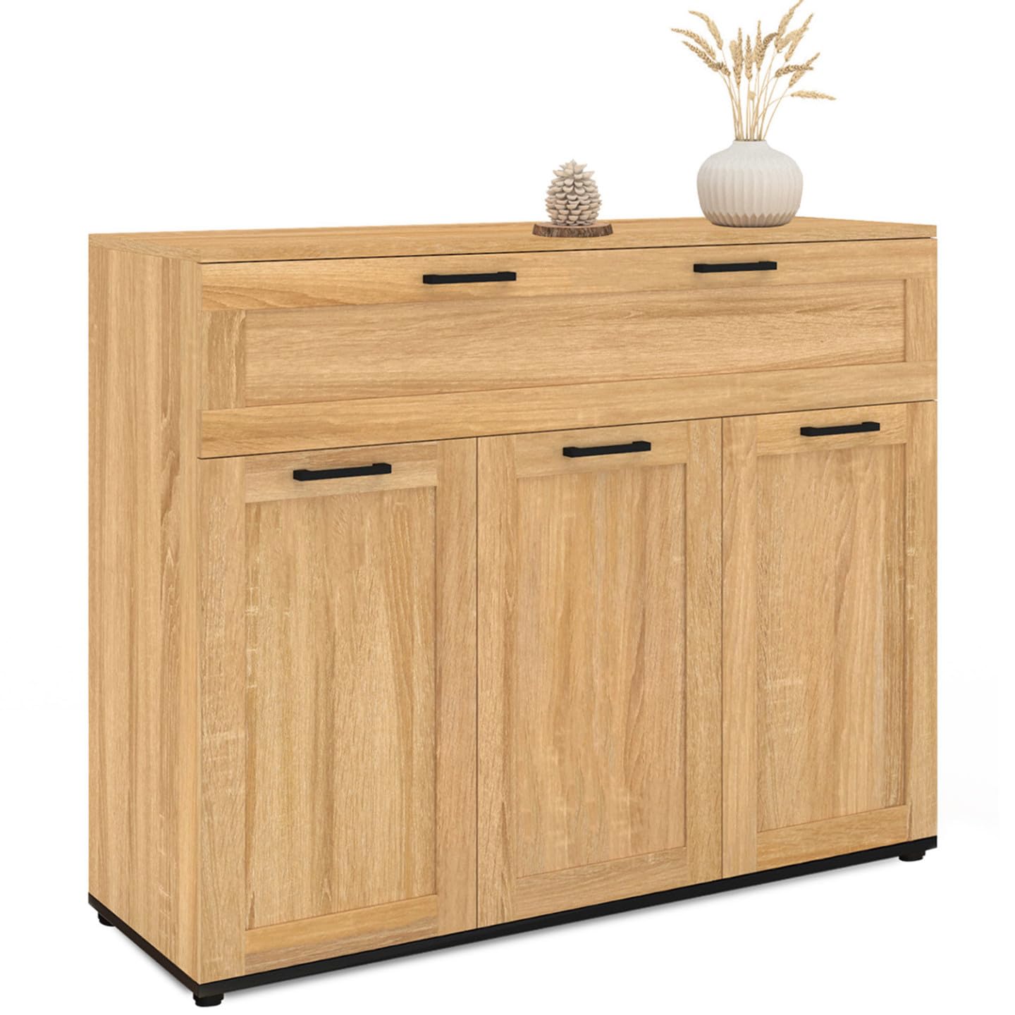 IDMarket - Buffet 100 cm VITO 3 Portes et 1 tiroir façon hêtre et poignées Noires