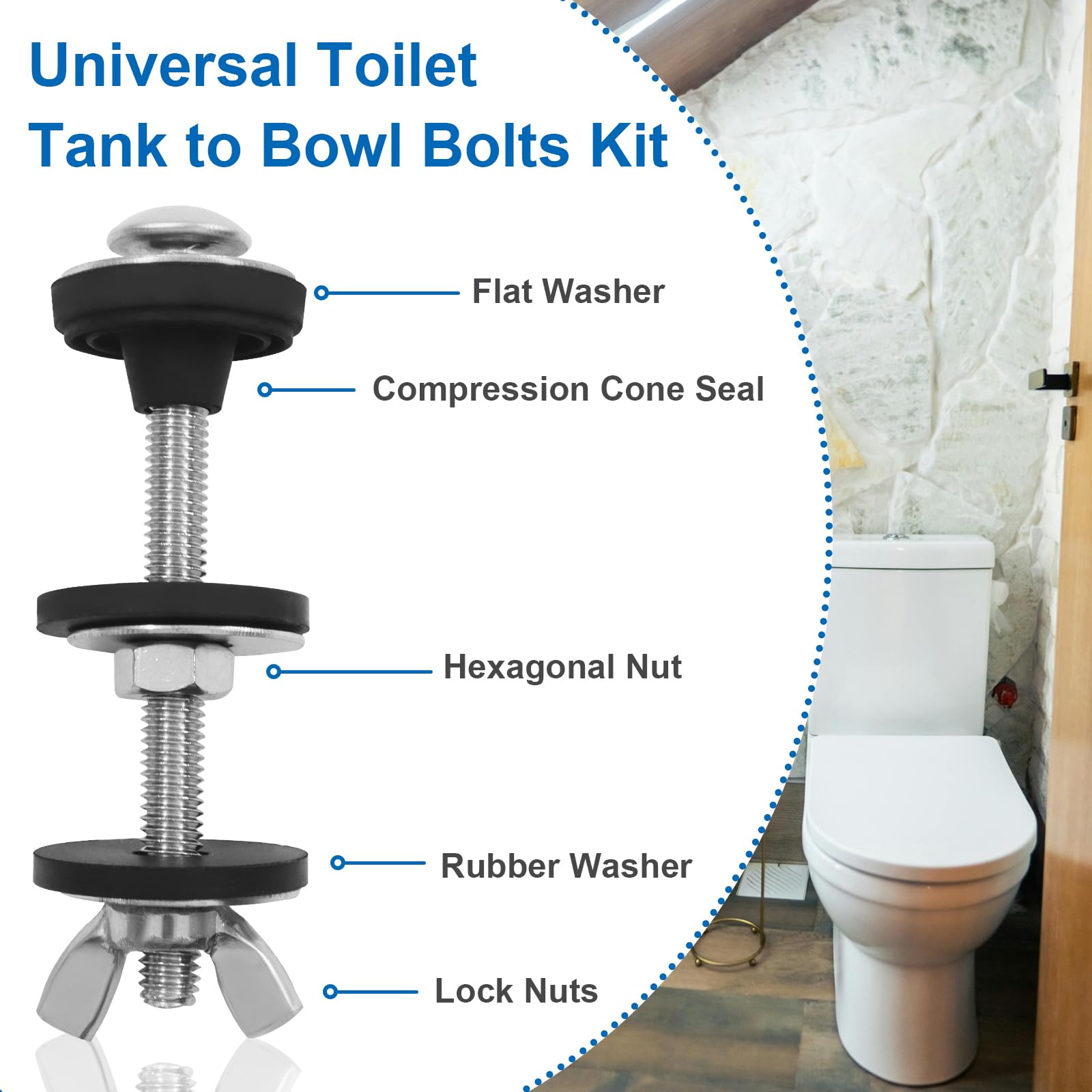 Juego de 4 tornillos universales M6 para tanque de inodoro a cuenco, tornillos de repuesto de acero inoxidable resistente con arandelas de goma y tuerca extra larga