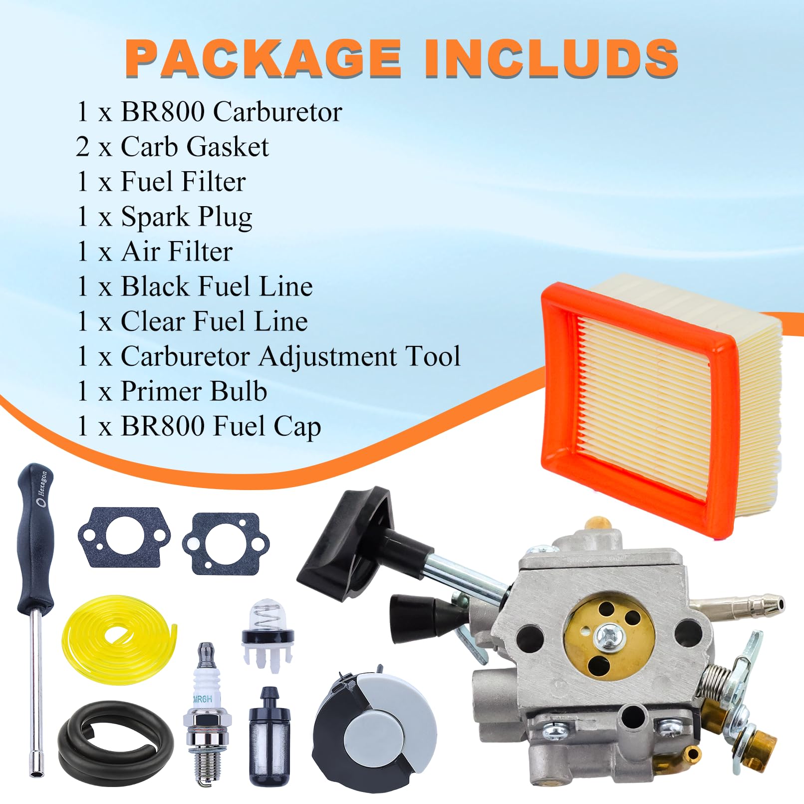Kit Carburatore per Stihl BR800,Elemento Filtrante per Douffleur per BR800X,BR800C,BR 800 C-E Magnum,con Attrezzo di Regolazione, Serbatoio, Filtro Carburatore, Pompa Carburante, Candela 4283-120-0601