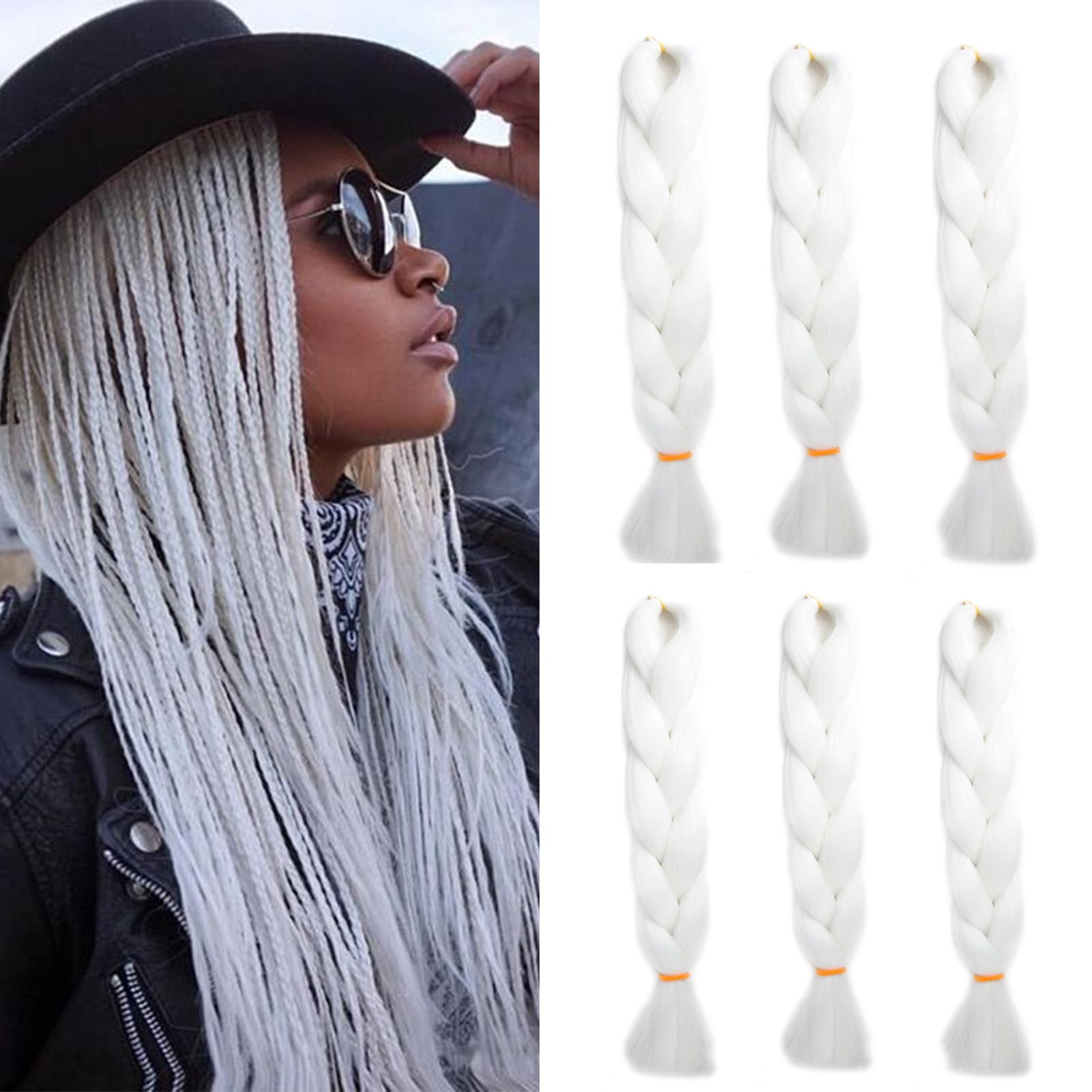 Cybelleza 60cm Extensiones para Trenzas Africanas Extensiones de Pelo Sintético para Trenzas Africanas 6PCS Ombre Braids Extensiones de Cabello Trenzado Postizas, Blanco