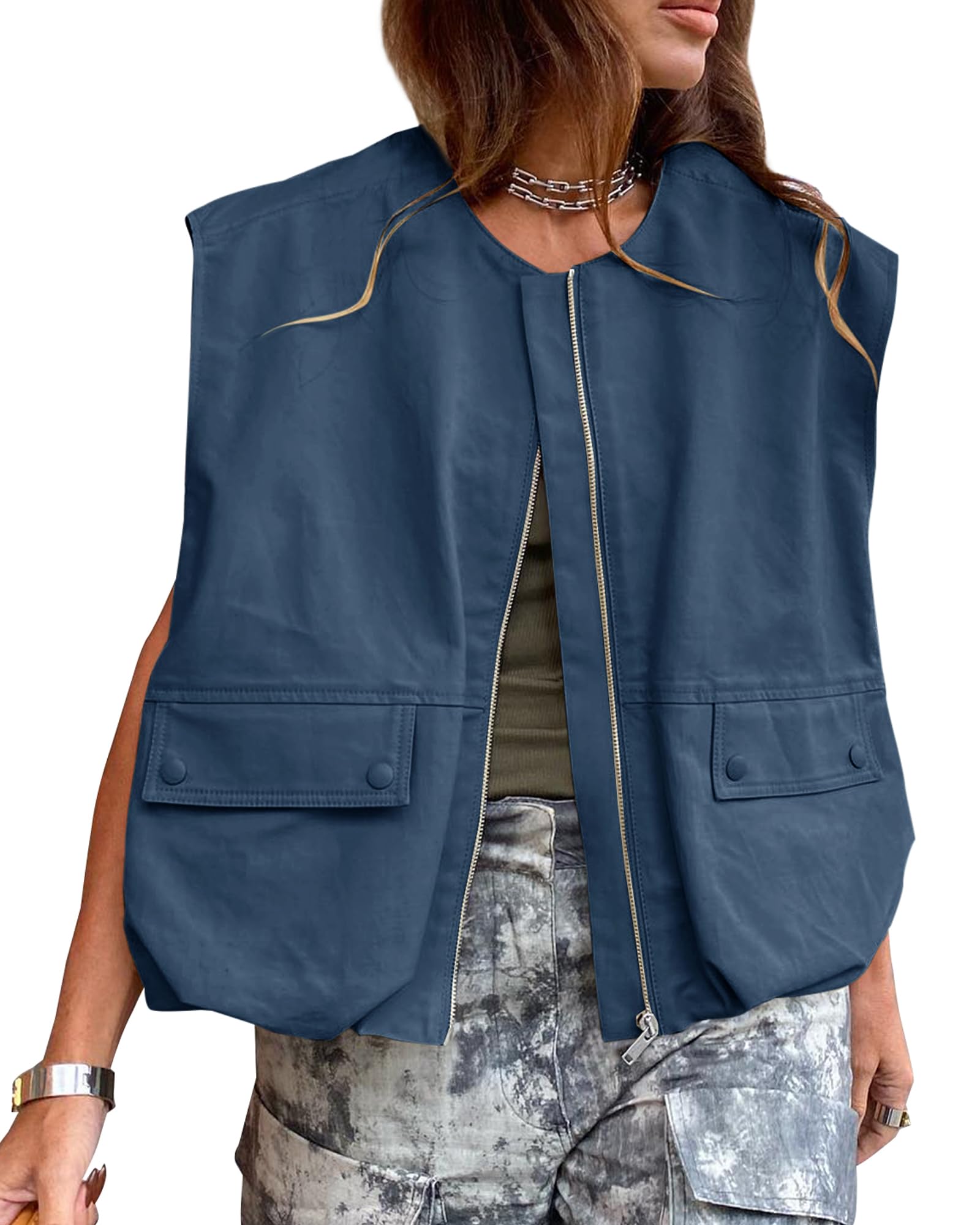Cargo Vest for Women Oversized Size Casual Sleeveless Loose Fit Full Zip Ruffle Hem Blazer Jacket Vest with Pockets-image-49