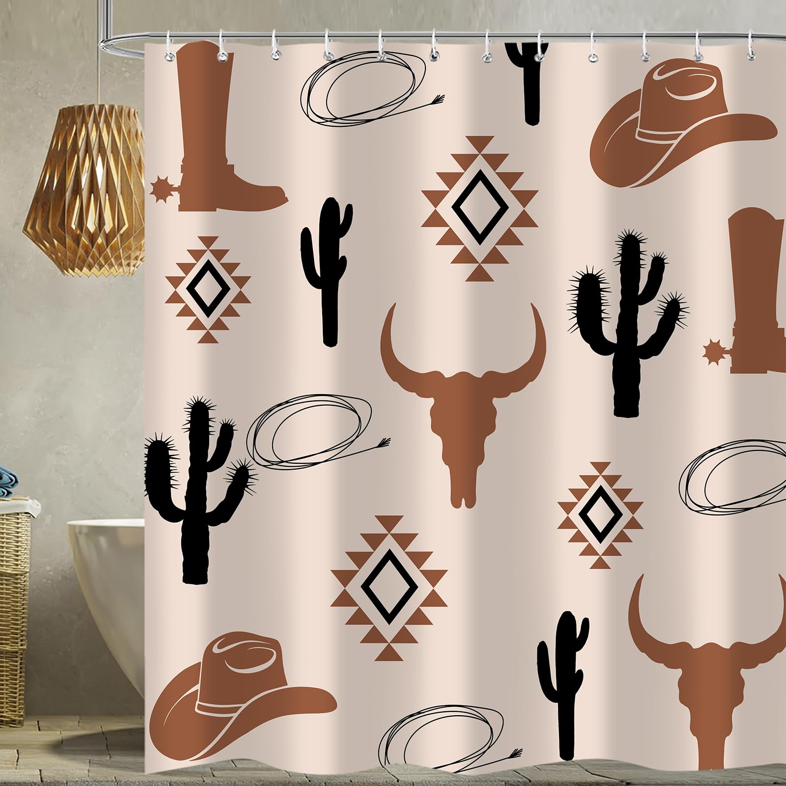 Emwnodti Western Boho Shower Curtain, Aztec Desert Bone Brown Bathroom Decor Set, Polyester Fabric Waterproof Bath Curtain 72x72 Inch with 12 Hooks
