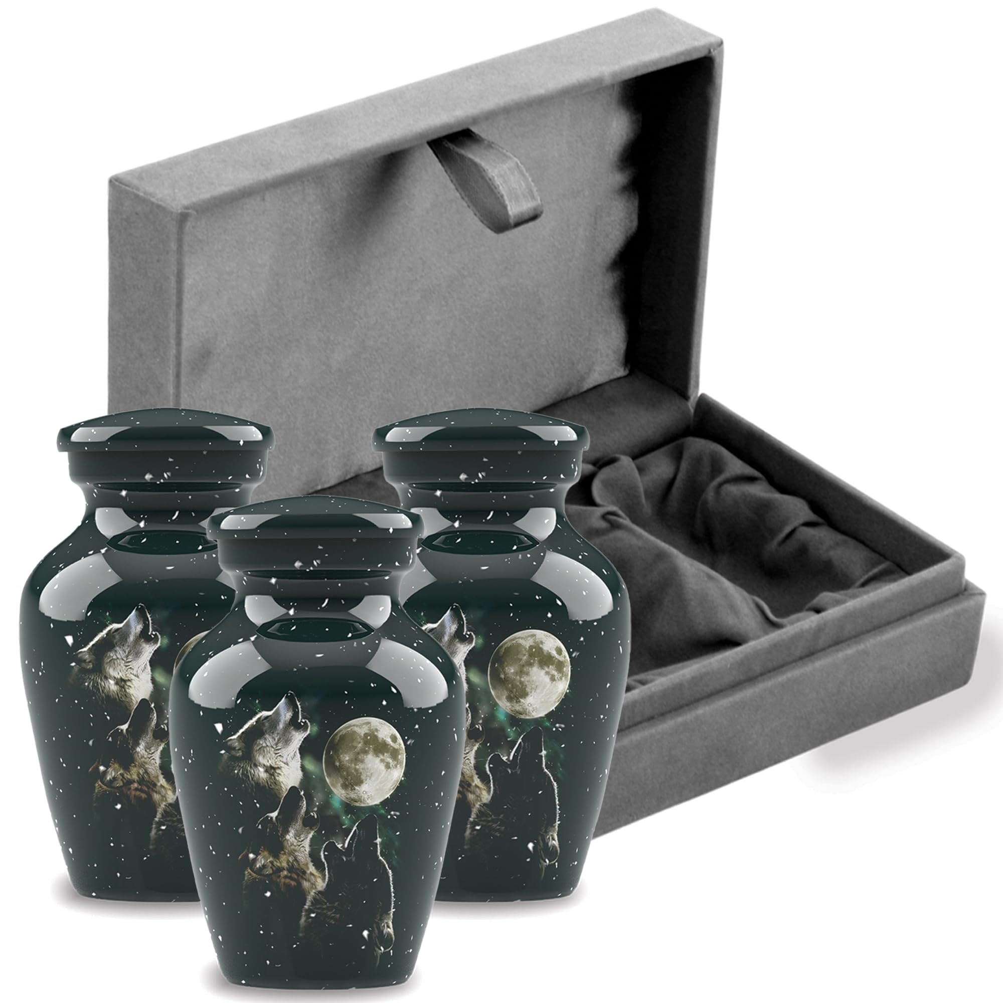 Forever Urnas de cremación para cenizas, urna clásica de cremación de 3 lobos para cenizas humanas, completamente hecha a mano con caja de protección de terciopelo (juego de 3 recuerdos)