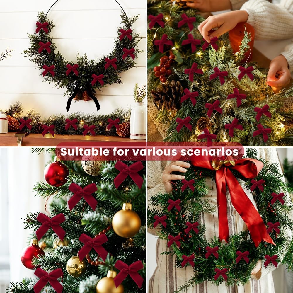 JOICEE 120Pcs Mini Christmas Velvet Bows for Crafts, 1.4 Inch Burgundy Red Tiny Xmas Twist Tie Bows with Box Stickers Small Ribbon Bows for Gift Wrapping Christmas Tree Wreath Garland Decorations - Image 3