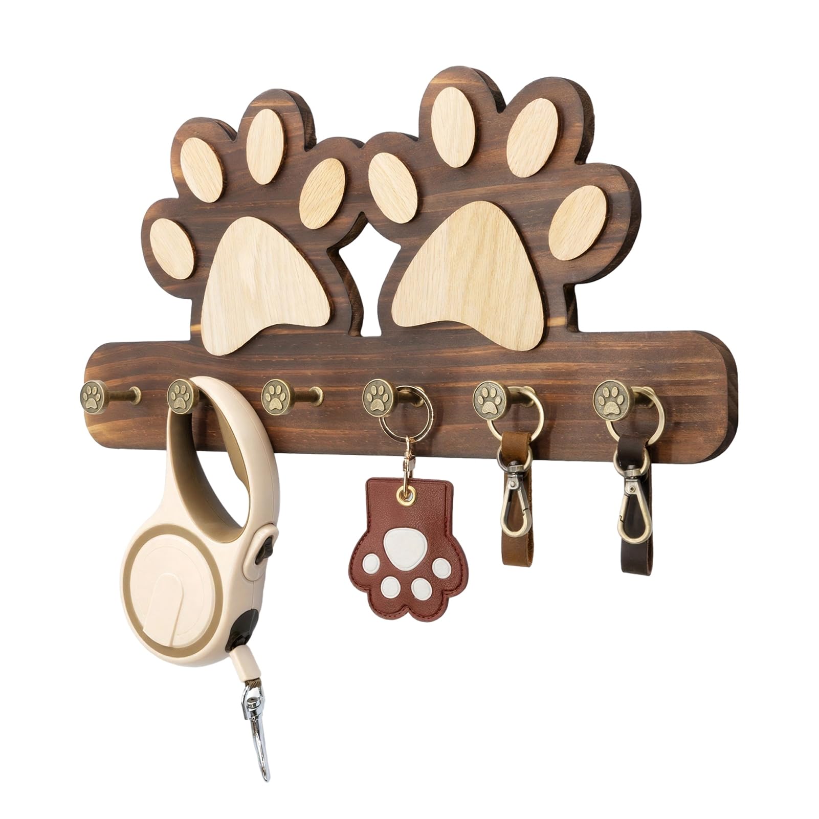 Virelynx Wooden Color Wall Hook With Dog Paw Shape – Wood With Anti-Rust Metal Hooks, Organizer For Keys Pet Leashes Scarves Small Items