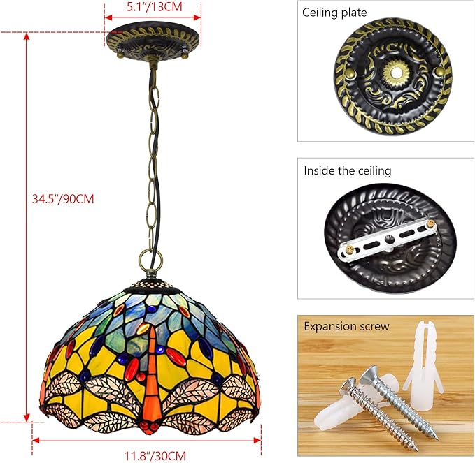 BAJEKO Pastorale Tiffany Tegenhanger Licht Inrichting voor Keukeneiland, 12 inch Antieke Dragonfly Stijl Blauw Geel Gebrandschilderd Glas Handwerk Hangende Lamp voor Bar Hal Eetkamer,B photo 3