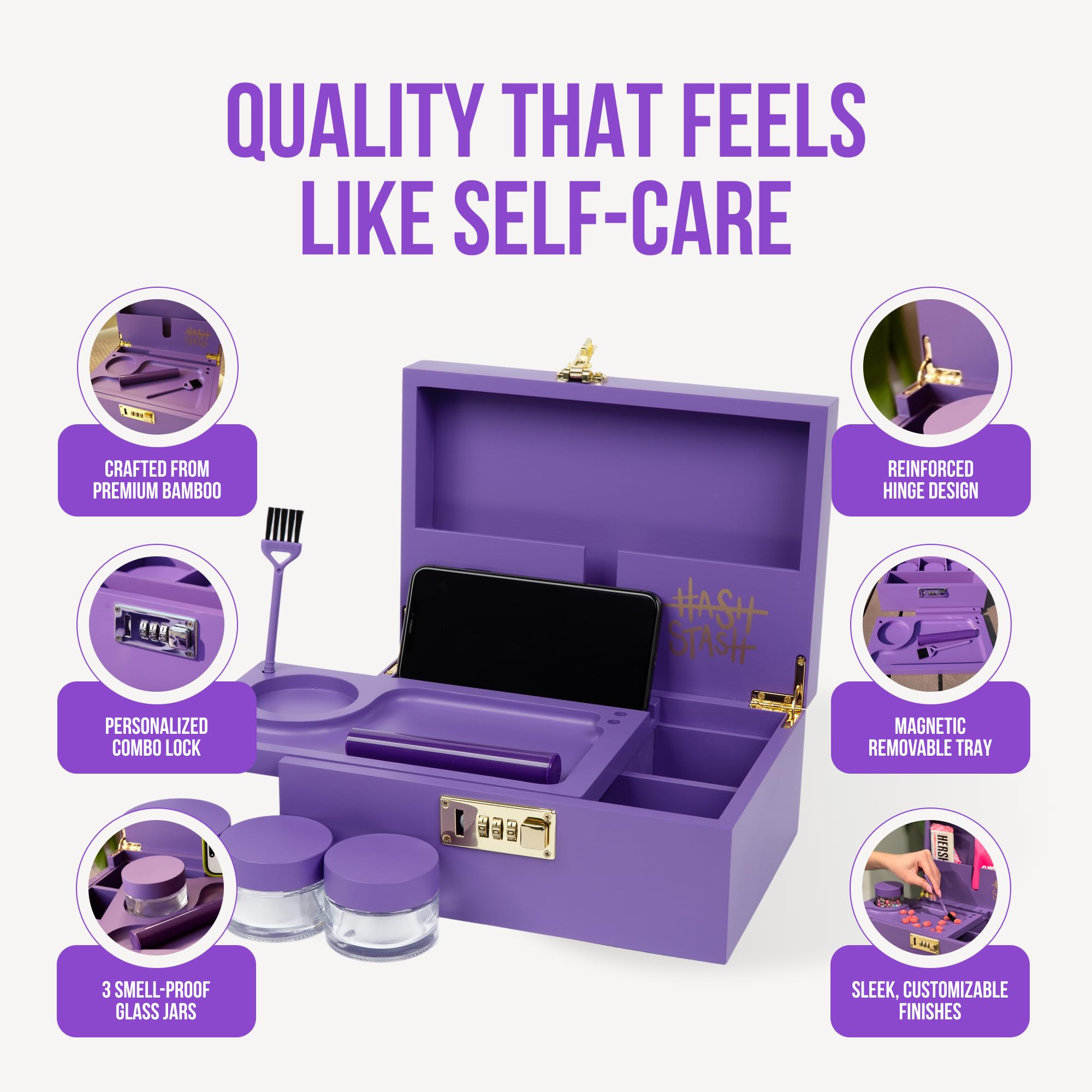 HASHSTASH The OG Stash Storage Box - Large Bamboo with Combination Lock, Magnetic Lid, Organizer Tray, 3 Jars and Brush - Portable Decorative Wooden Lock Box Kit with Accessories (Purple/Gold)