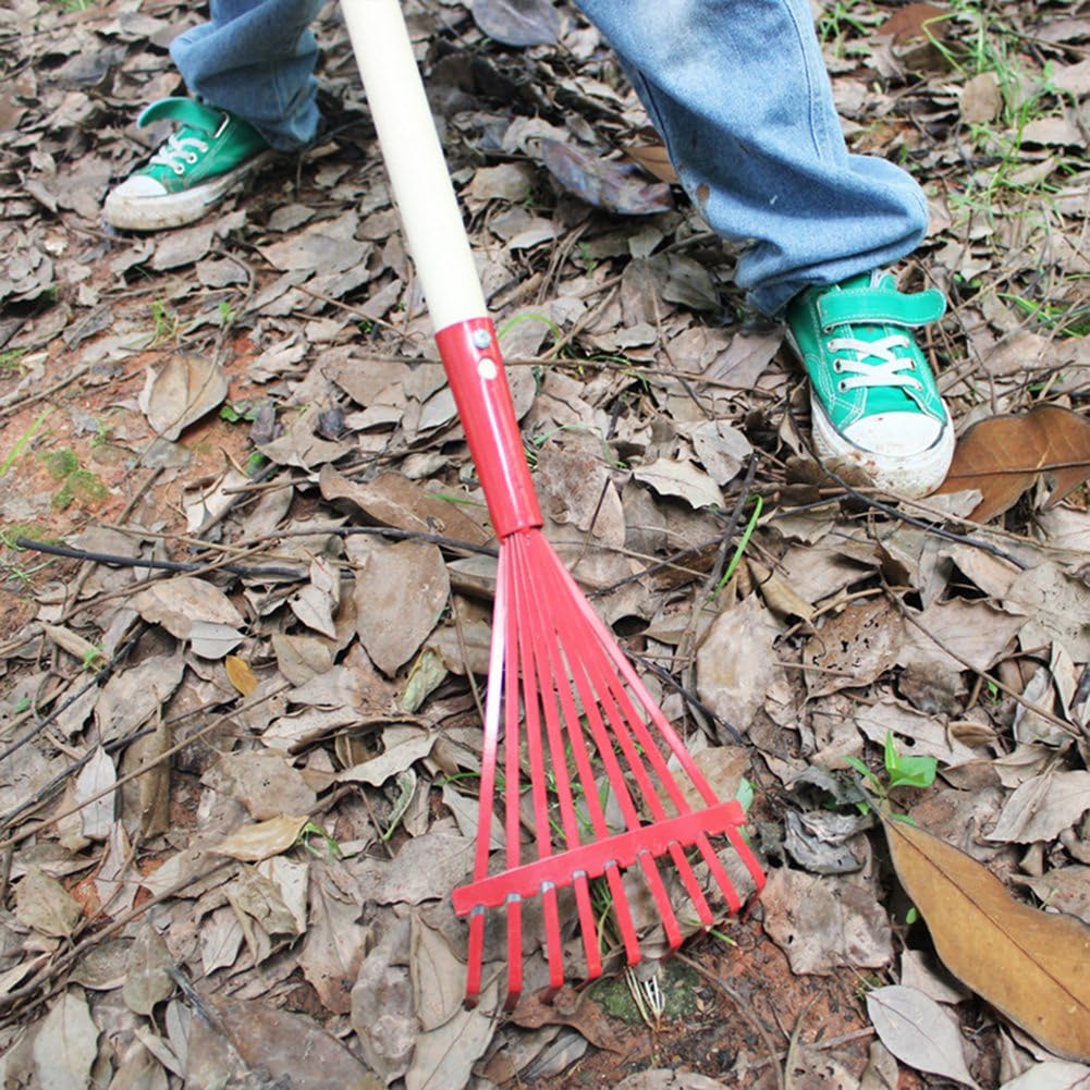 berjalan 2Pcs Metal Kids Rakes with Hardwood Handle 27'' Small Rake for Gardening Mini Rake for Kids Garden Lawn Yard Tools - Image 3