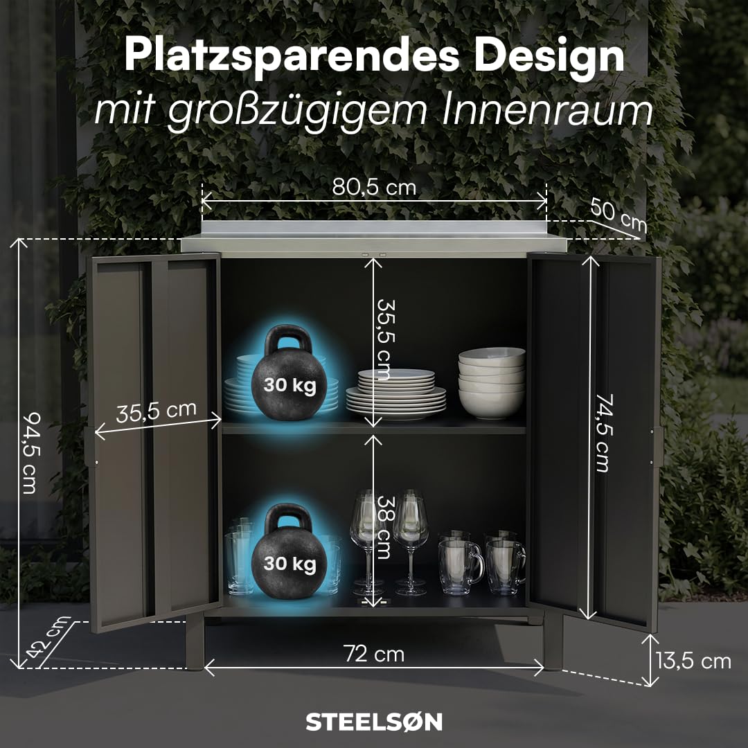 STEELSØN Zephios Gartenschrank 94,5x80x50 cm – Outdoor Küchenschrank mit Edelstahl Arbeitsplatte & 2 Fächern – stabile Kommode aus Metall – Terrassenschrank wetterfest Terrasse/Grillstation, schwarz