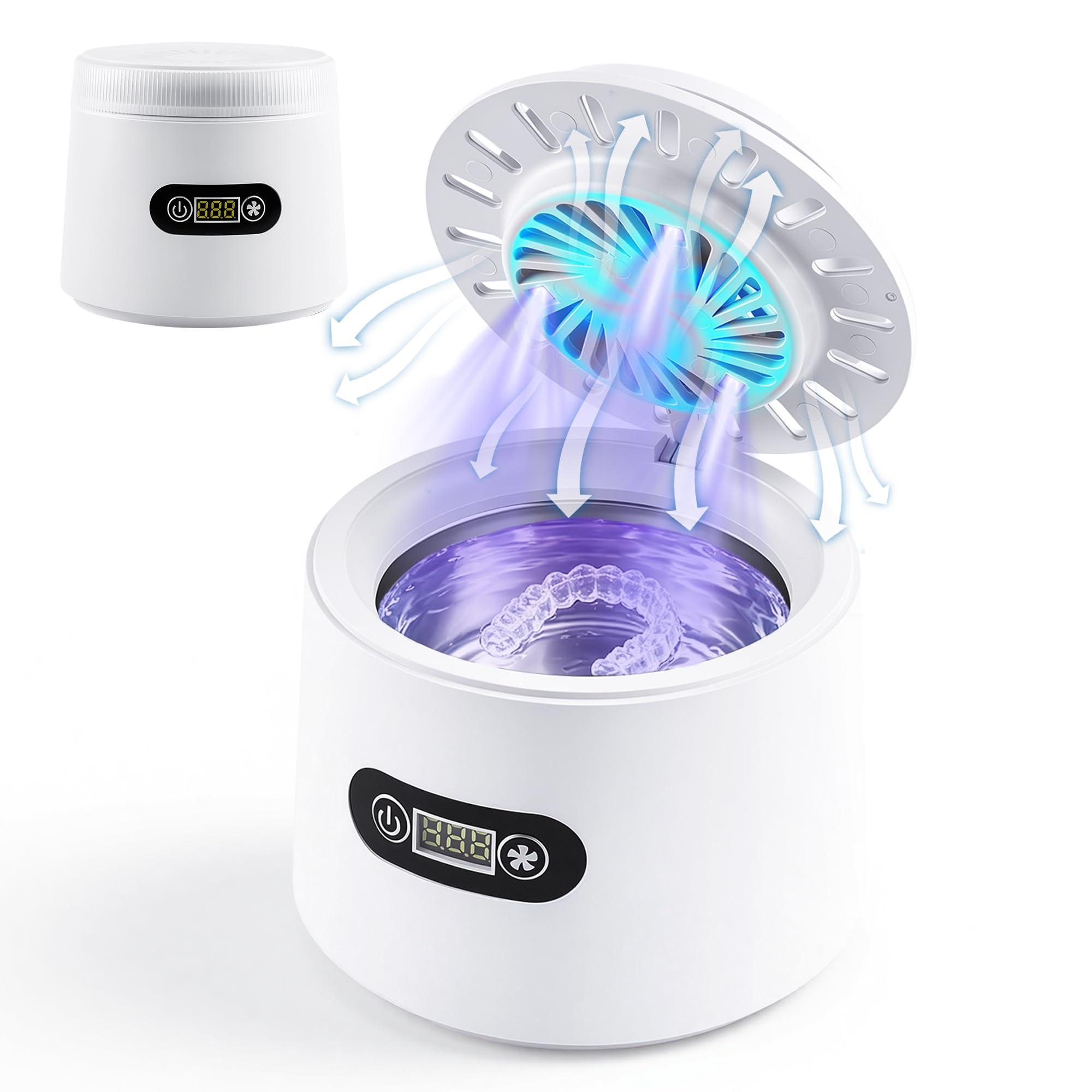 Ultraschallreinigungsgerät mit UV-Licht & Ventilator, 180ml Dental Pod für Zahnschiene & Prothese, 43kHz Ultraschallreiniger mit Schnell-Trocknung, Sanfte Reinigung von Schmuck & Schnuller, DC 12V