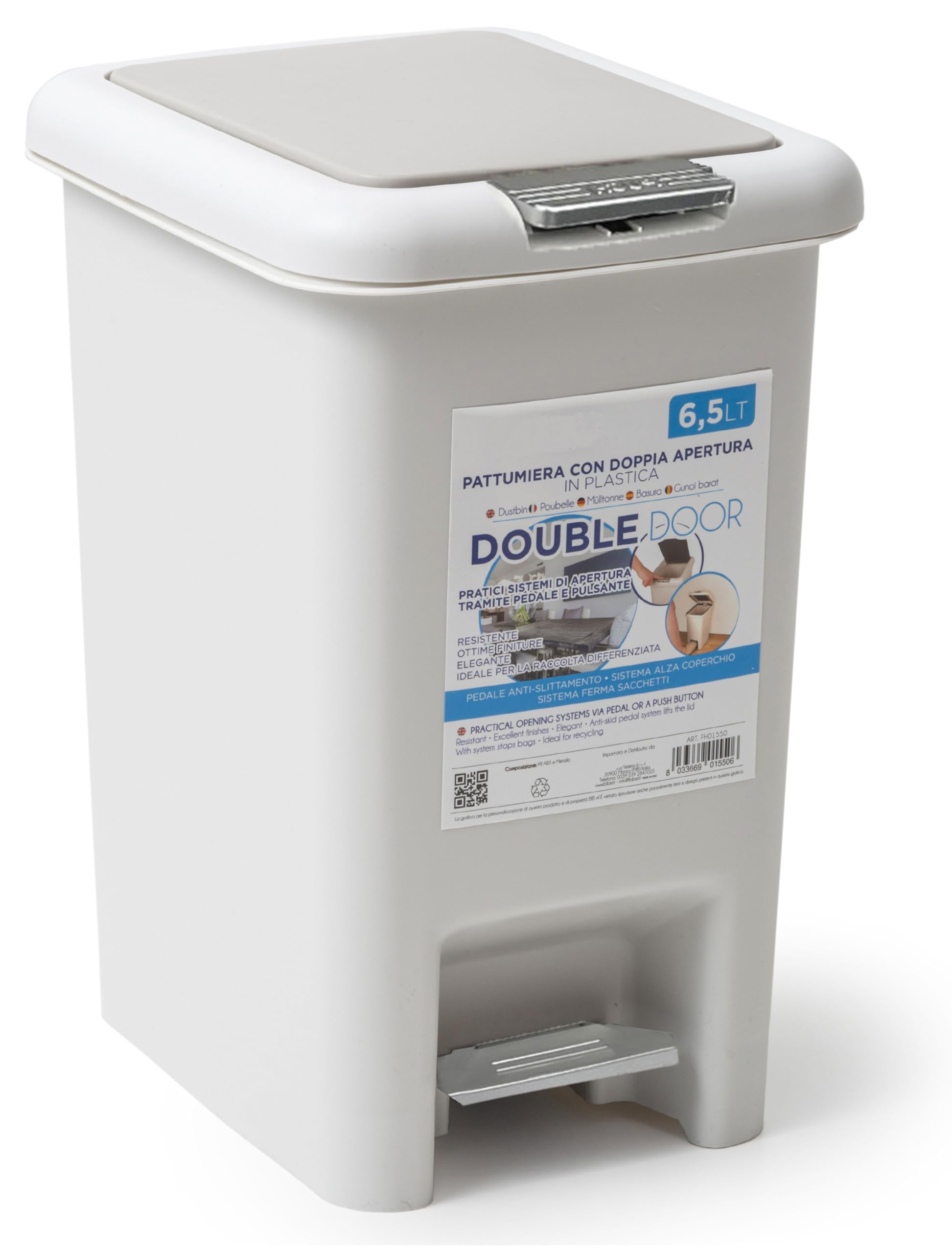 IPEA Cestino della Spazzatura in Plastica Piccolo - 6,5 Litri - Con Innovativa Doppia Apertura Pedale e Pulsante - Design Minimal ed Elegante - Pattumiera Rifiuti Casa, Cucina, Bagno - Grigio Chiaro