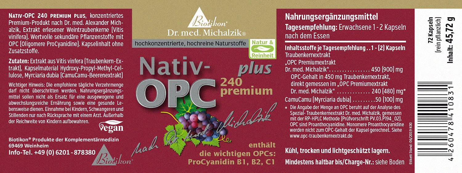OPC aus deutschen Premium Trauben nach Dr. med. Michalzik,100% Premium Traubenkernextrakt aus ökologischem Anbau, enthält ProCyanidin B1,B2,C1 je Kapsel - ohne Zusatzstoffe von BIOTIKON®