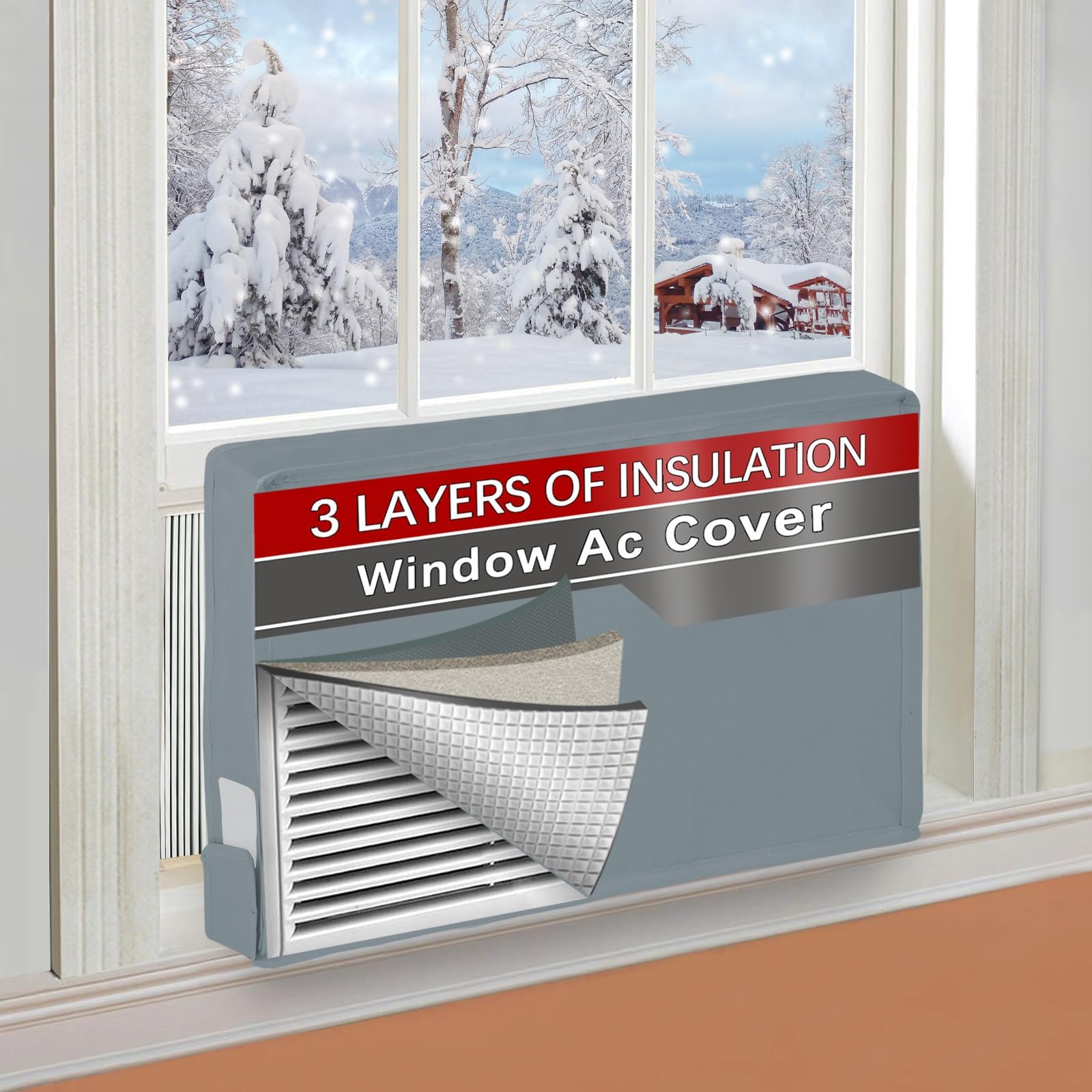 25"Lx17"Hx3.5" Indoor Air Conditioner Cover for Window Units, 3 Layers Insulation AC Cover for Inside Wall Unit with Aluminum Foil and 2mm Foam, Windproof Window Air Conditioner Cover Inside, Grey