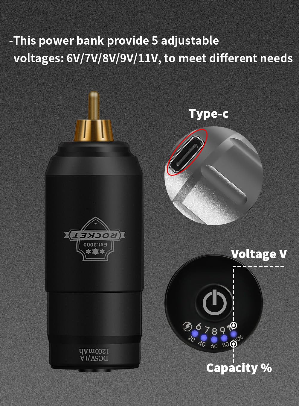 Wireless Tattoo Battery for Rotary Pen Machine - 1200mAh Mini Tattoo Power Supply with 5 Adjustable Voltages, RC Interface, Lightweight Design for Portable Tattooing,Gray