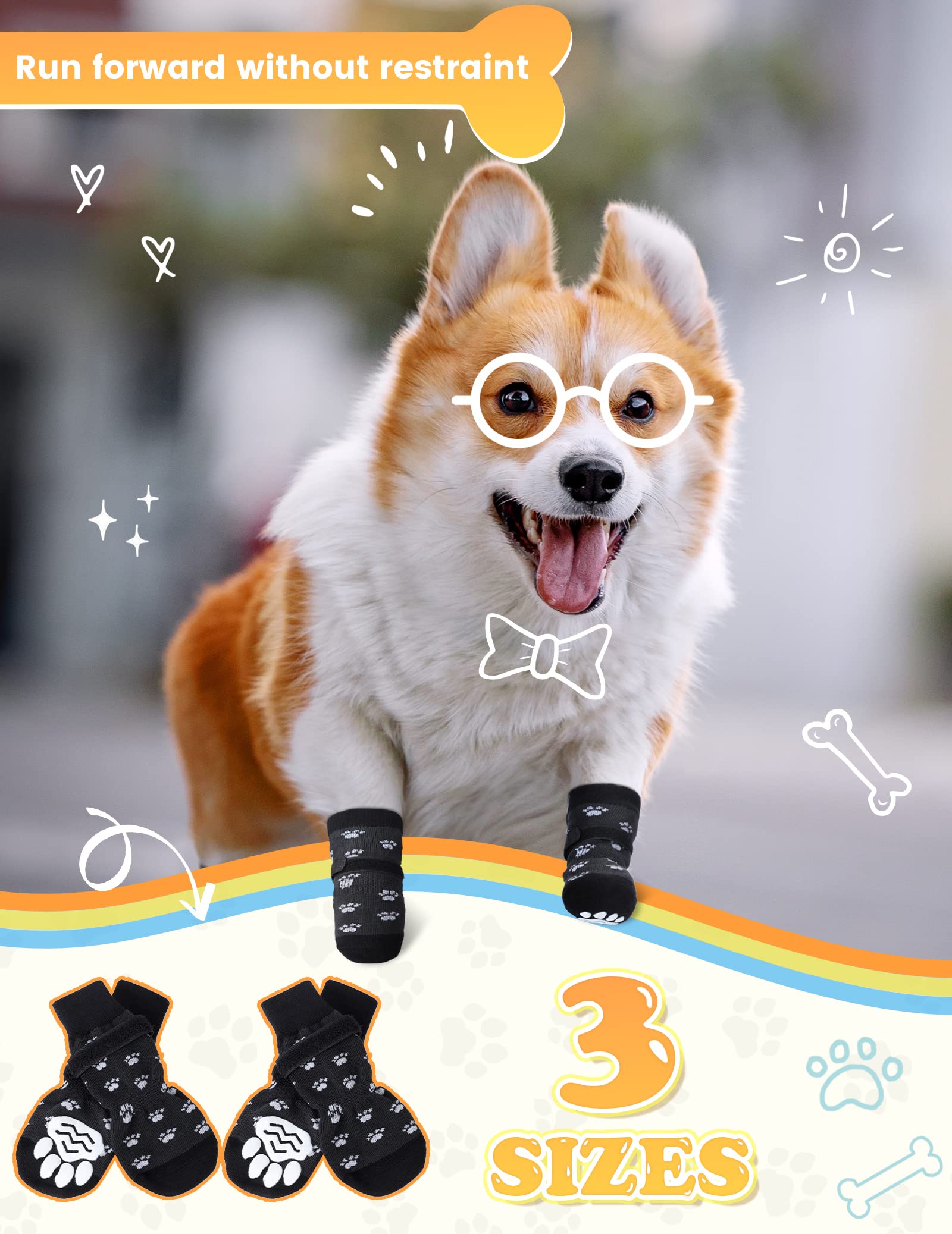 Wildopolis 4 Pairs of Anti-Slip Dog Socks with Adjustable Straps, Paw Protector Socks with Strong Sole Grips, Traction Aid to Keep Small Medium Dogs from Slipping on Indoor Hardwood Floors
