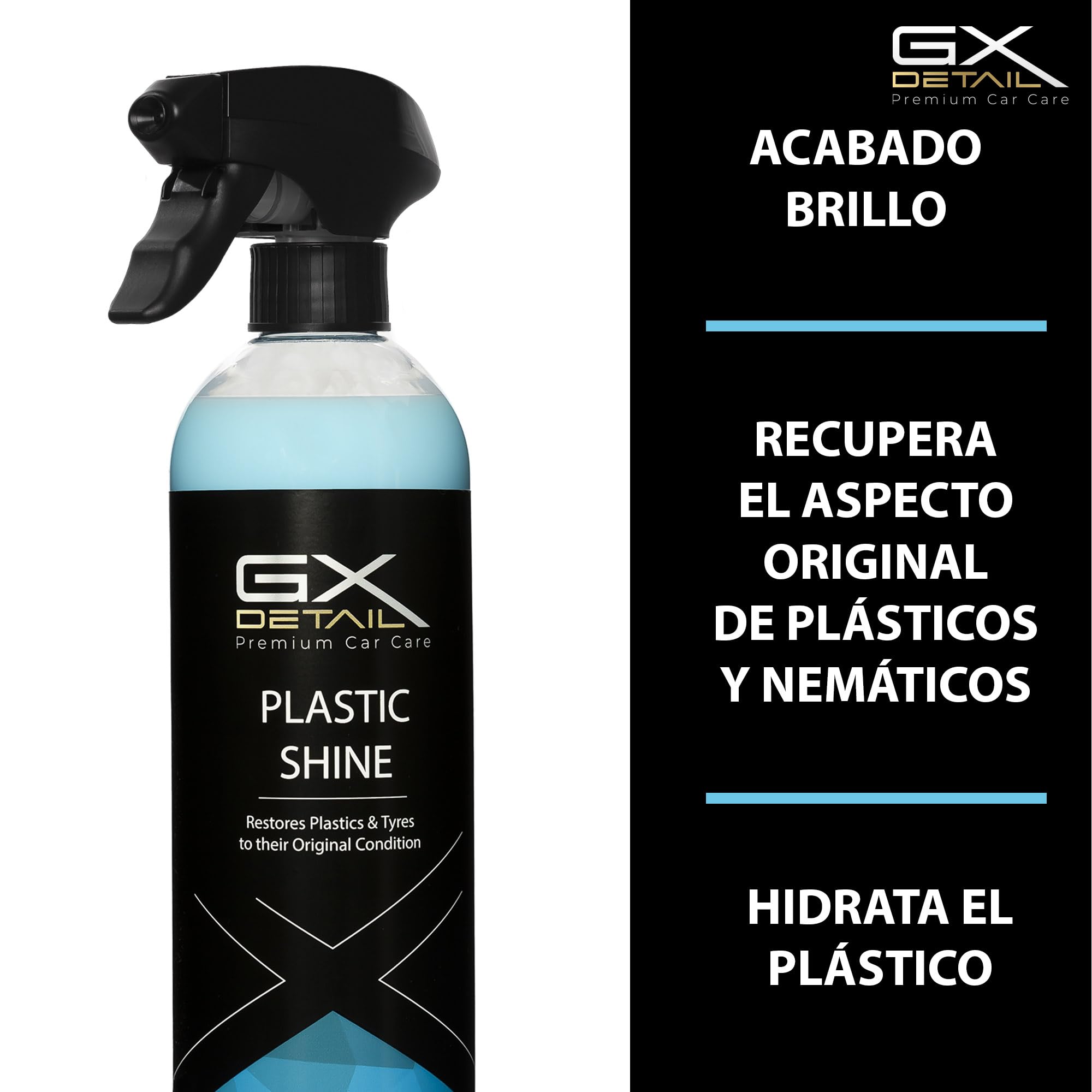 GxDetail Recuperador de Plásticos y Abrillantador Hidratador de Plástico y Neumáticos Coche y Moto 5 Litros – Recuperador de Gomas Viejas, Interior, Exterior, Ruedas.