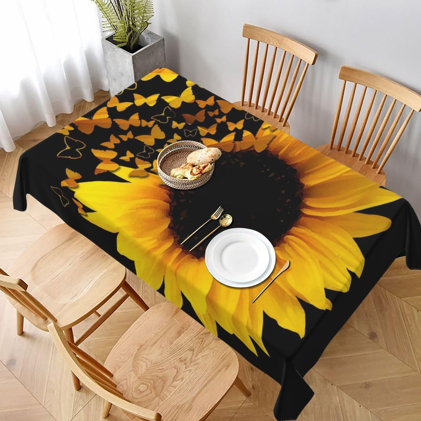 BNVSADC Sunflower Floral Butterflies Art Printed Rectangle Tablecloth 228x152 CM, Water Resistant Polyester Table Cloth Decorative Fabric Table Covers for Kitchen Dining Table Parties Camping