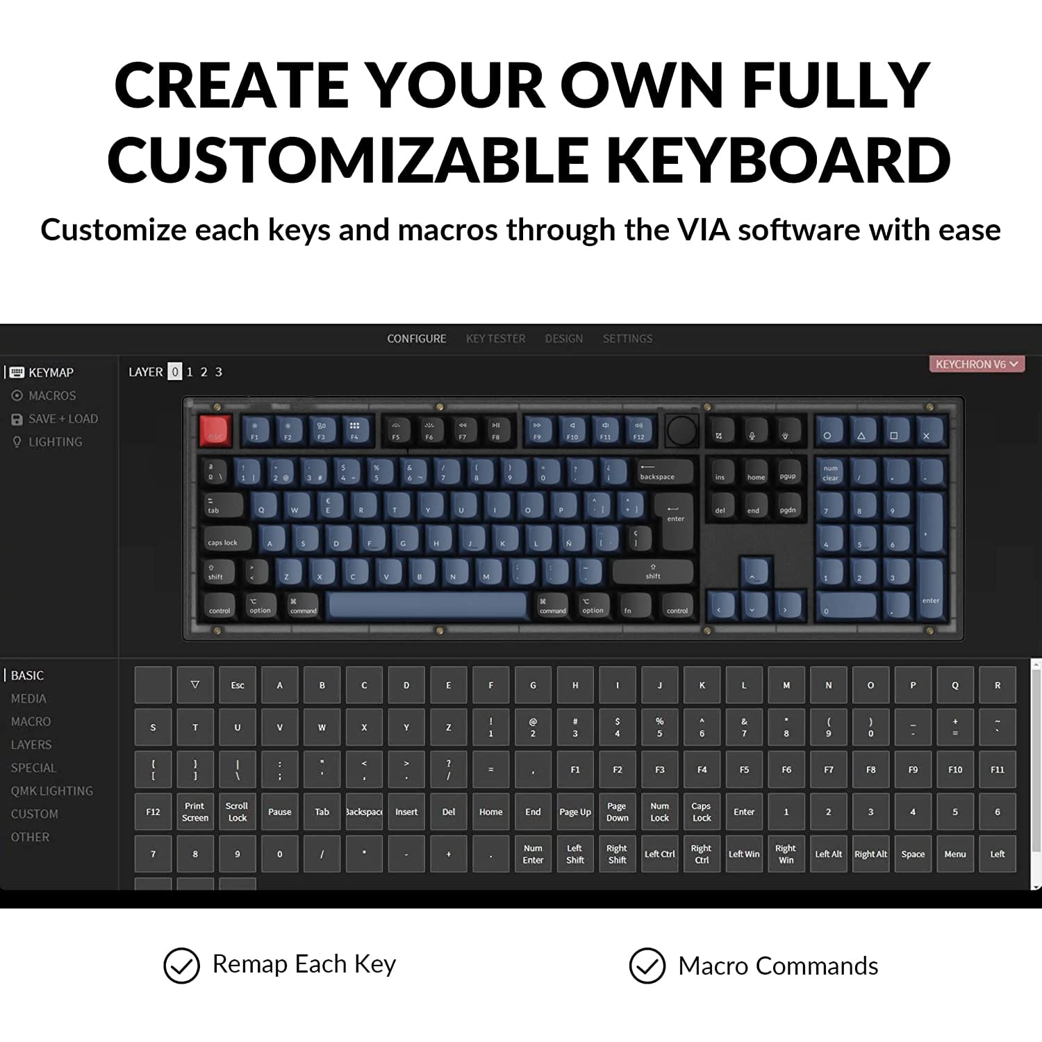 Keychron V6 Cablede Teclado Mecánico Personalizado con Perilla, Full-Size QMK/Via Macros Programable, Hot-swappable Keychron K Pro Brown Switch para Mac Windows, Frosted Black (ES Layout)