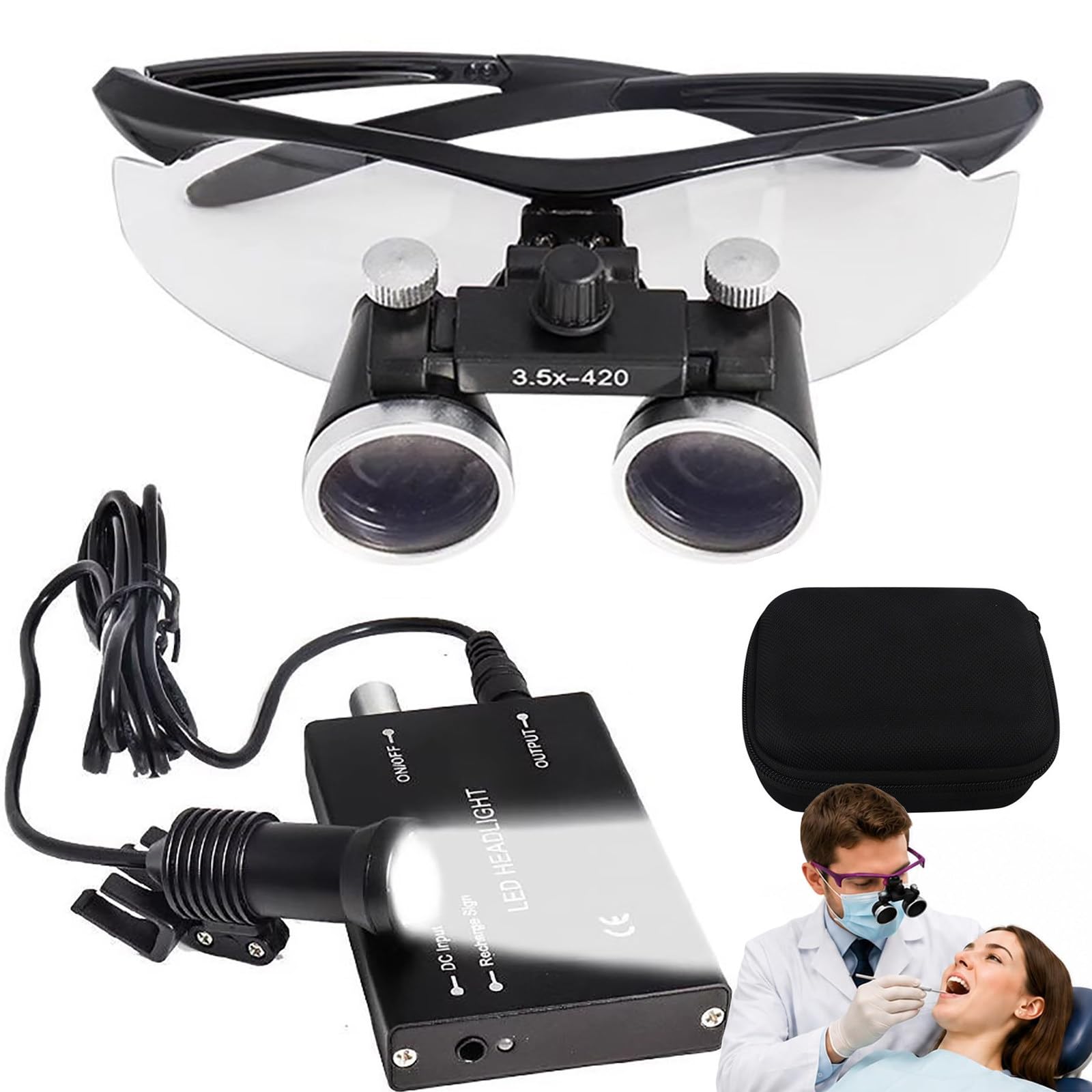 Lupa Binocular Dental, Lupa De Laboratorio 2.5X/3.5X, Distancia De Trabajo 320-420mm, con Linterna Frontal Led De 5w + Filtro, Lupa Dental Ultraligera Black-3.5X
