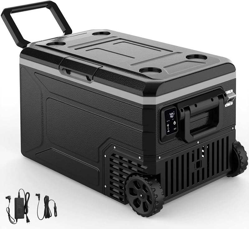 Refrigerador de 12 voltios, refrigerador eléctrico 68QT para acampar con ruedas | Congelador portátil 12V/24V DC 100-240V AC, -4°F a 68°F Enfriador de 12v con 2 cestas para camping, viajes, vehículos, RV, camión, barco