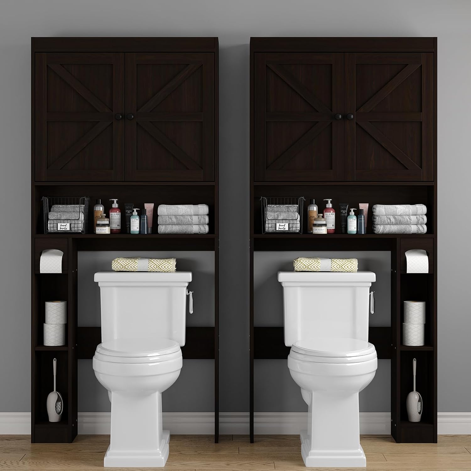 Furnideco 32.3''W Over The Toilet Storage Cabinet with Barn Doors, Over Toilet Shelf Farmhouse Storage Cabinet Space Saver with Toilet Paper Holder & Adjustable Bottom Bar, Espresso