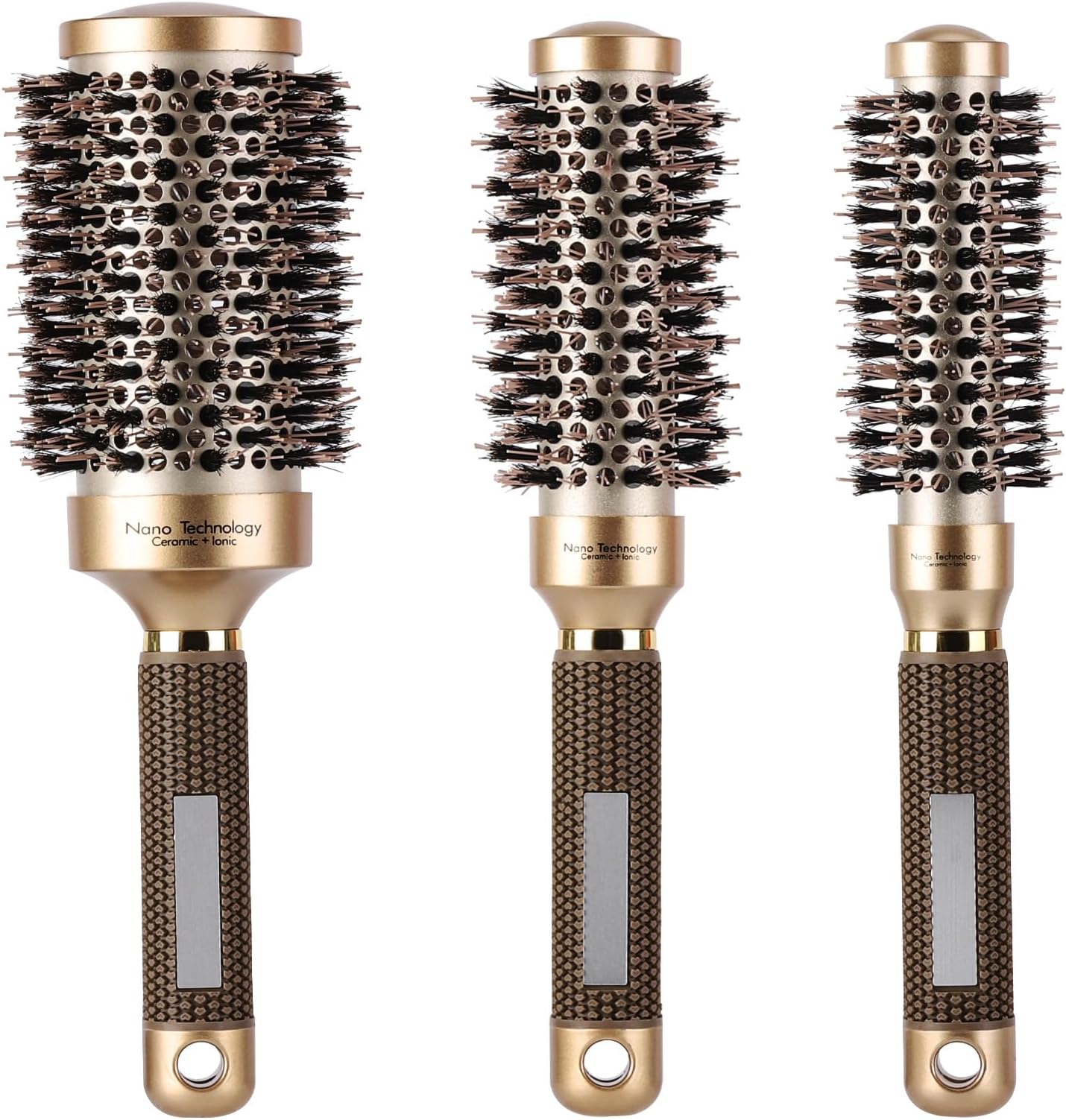 3 Pcs Boar Bristle Round Brush for Blow Drying, Nano Thermal Ceramic and Ionic Tech Hair Brush for Curling and Straightening - Large，Medium and Small Round Brushes