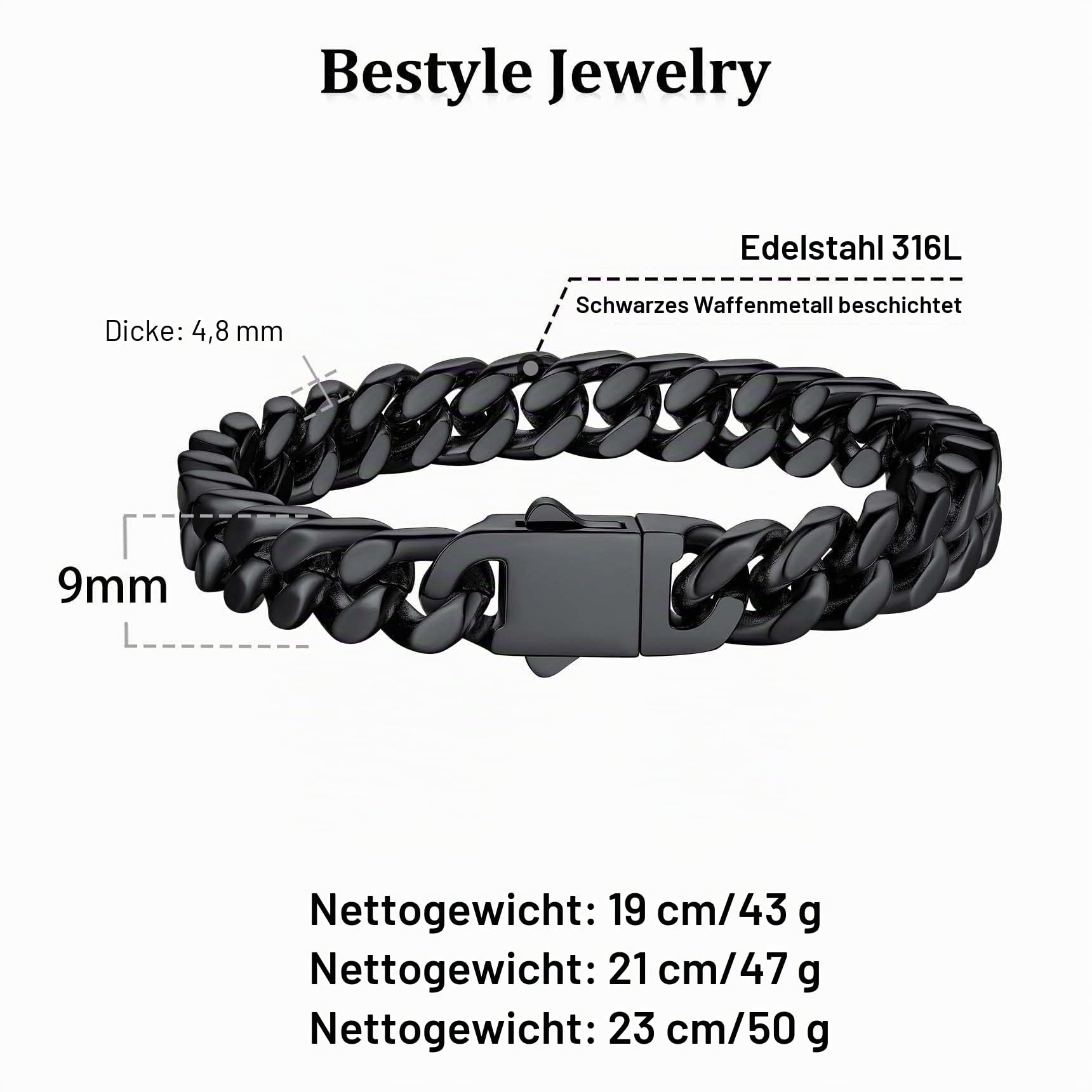 Bestyle Armband Herren Schwarz Panzerkette Armbänder für Herren Edelstahl Glieder Armband für Männer Jungen Armkette Hip Hop Rapper Modeschmuck 9mm Breit, 19cm Lang