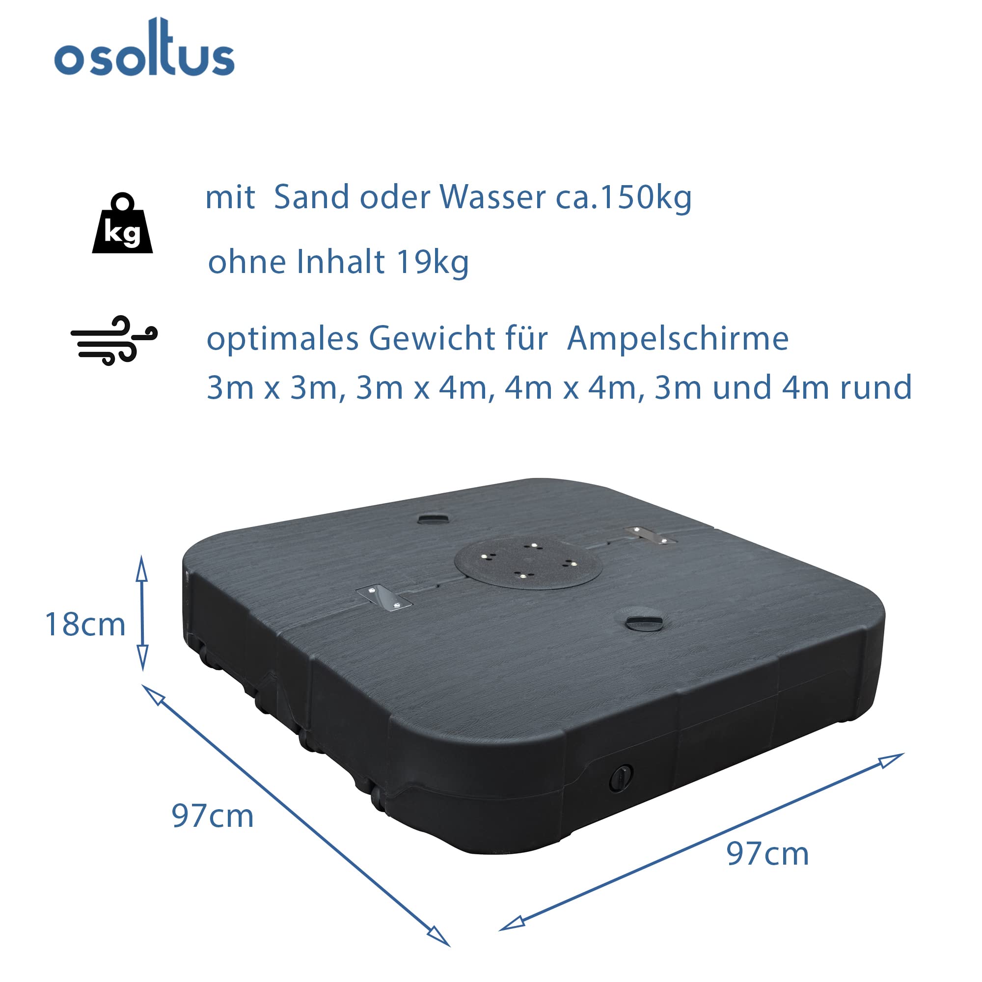 osoltus Schirmständer für Ampelschirm befüllbar mit Wasser Sand 150kg rollbar