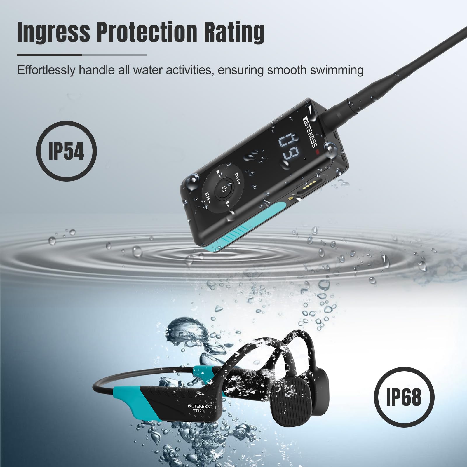 Retekess TT120 Swim Coach Communicator, IP68 Waterproof Swimming Headphones, Bone Conduction, 120M, Wireless Underwater Communication Unit for Swimming Coaching (1 Transmitter 1 Receiver)