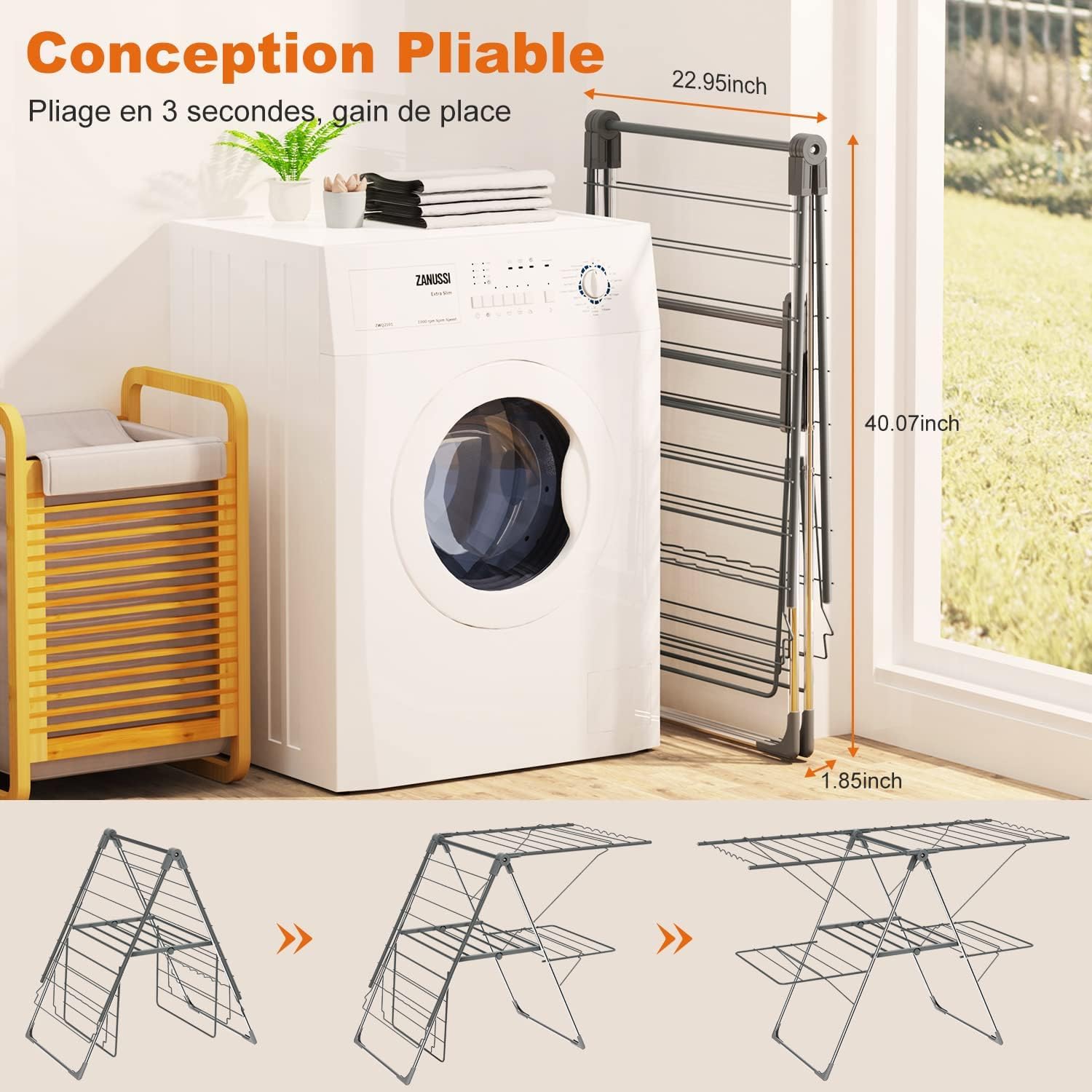 Innotic Étendoir Linge Intérieur Extérieur, Séchoir à Linge Pliable à 2 Niveaux, 4 Ailes Réglables en Hauteur, 3 Secondes Déplier ou Plier, Acier Inoxydable Tancarville XXL, 33 Rails, Gris