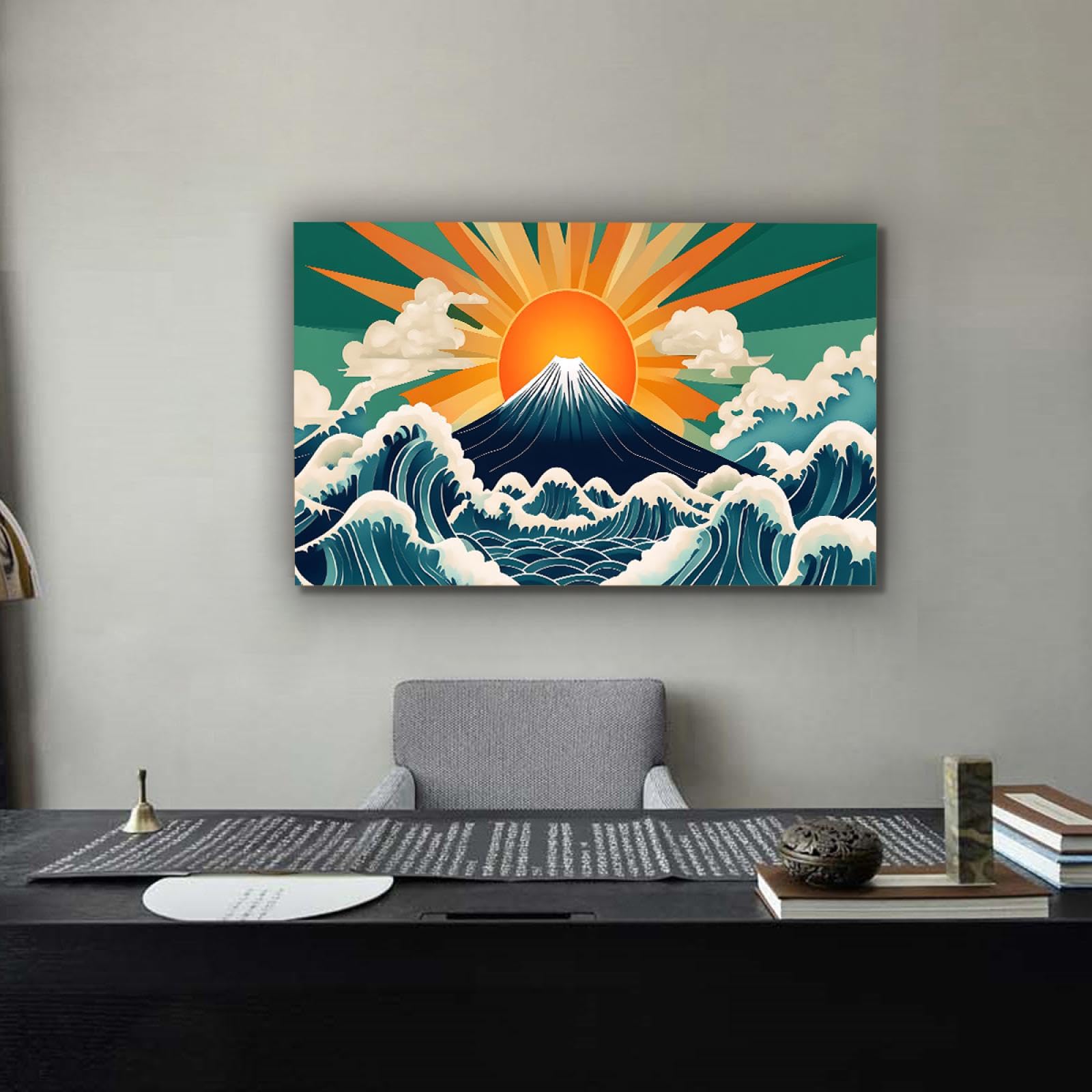 TOANGWALL Minimalistyczny styl duży plakat na płótnie wydruk japoński Ukiyoe Kanagawa fale góra Fuji słońce obraz obraz sztuka ścienna do akademika dekoracja 60 x 105 cm bez ramy