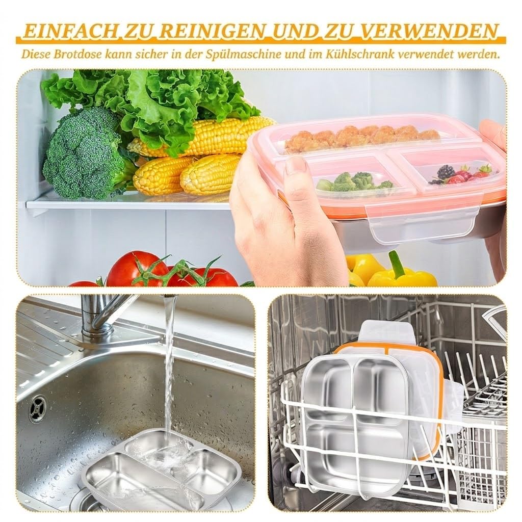 Lot de 4 boîtes à goûter en acier inoxydable. Snackbox étanche 600ml avec couvercle et 3 compartiments, boîte idéale pour école, bureau et pique-nique
