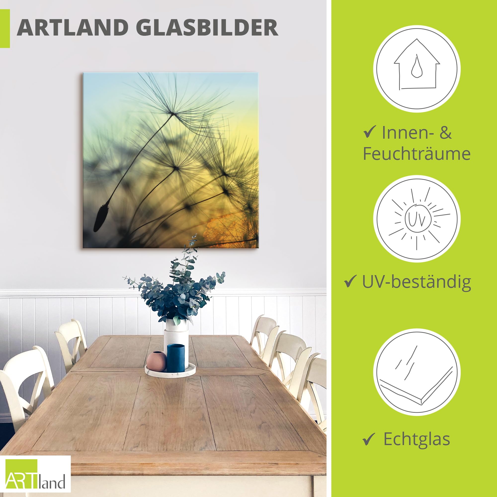 ARTland Wanddeko Glasbilder Wandbild Glas Bild einteilig 40x40 cm Quadratisch Natur Blumen Pusteblume Sonnenuntergang Himmel Moderne Kunst T5XL