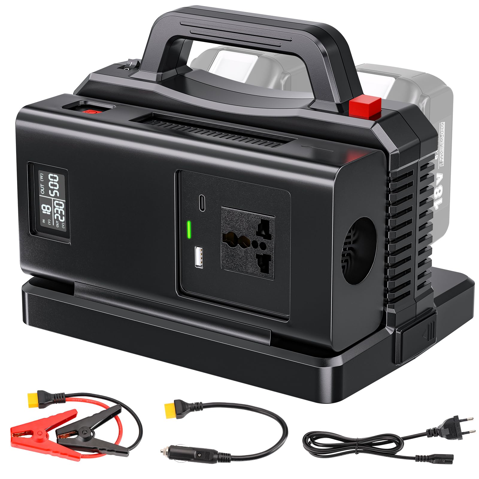 Adisipsoarin Onduleur sinusoïdal Pure 500W pour Batterie Makita 18V (Pas de Batterie), convertit 18V CC vers 230V CA, avec Prise de Charge Voiture, pour Camping et urgences (2 Ports)