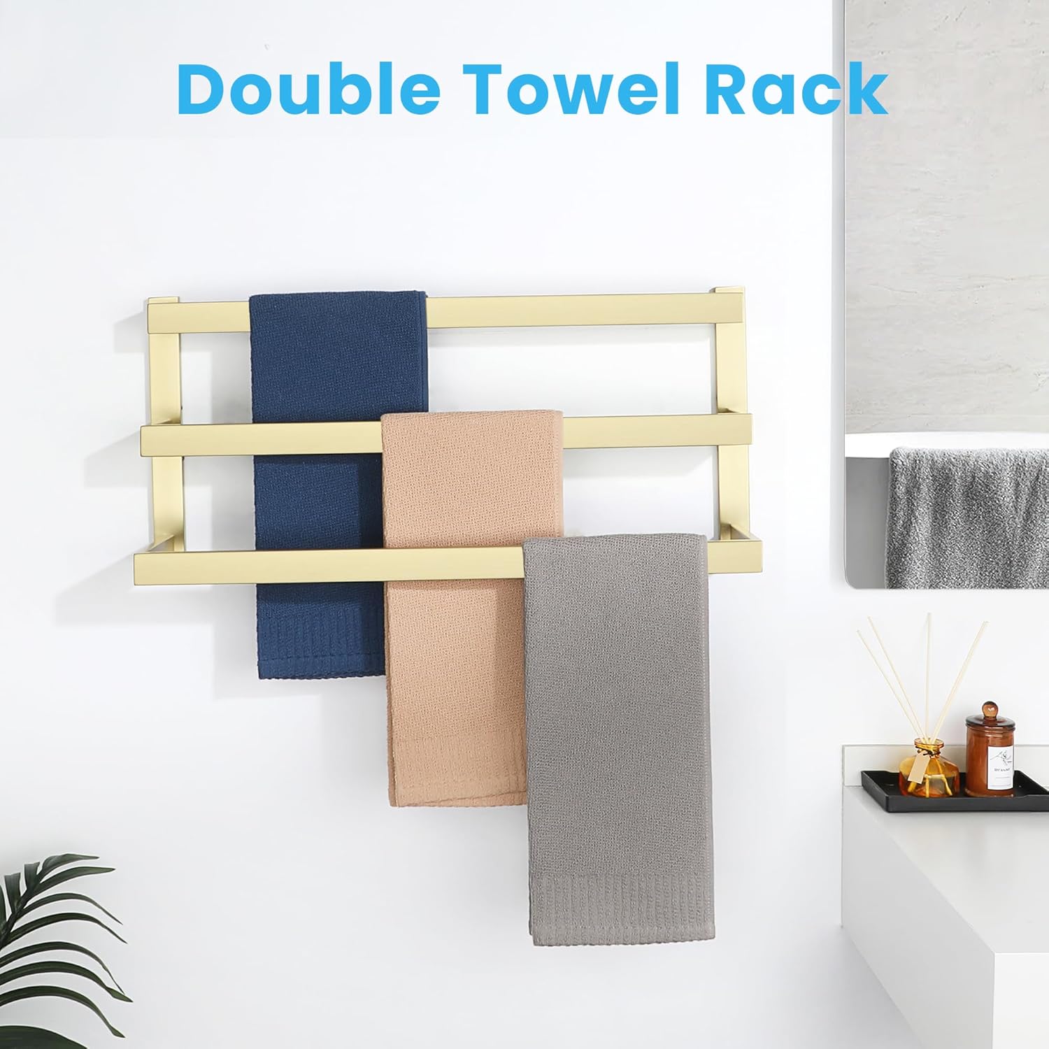 Alise 3-Layers Towel Bars for Bathroom Wall Mount,Brushed Gold Towel Holder Towel Racks for Bathroom Lavatory,SUS304 Stainless Steel Square Towel Rail Towel Hanger for Walls