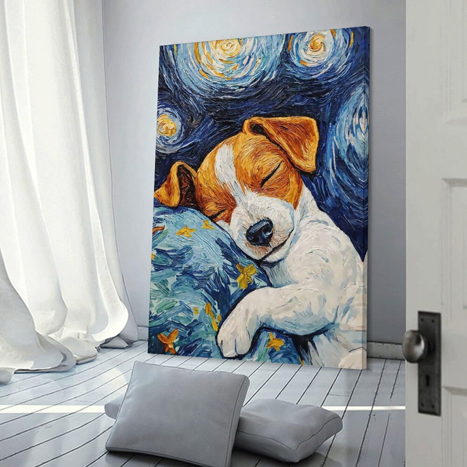 Junmoney Frame-Style-21 Canvas Wall Decor Sleeping Jack Russel Terrier Starry Night, 20X30inch(50X75cm), For Home Lounge, Bedroom Or Reading Nook, Eye Catching Artwork For Blank Walls