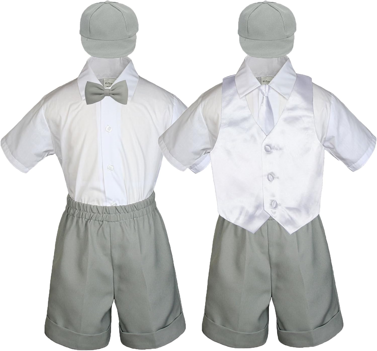 Baby Toddler Boy Event Party Suit Gray Shorts Shirt Hat Necktie Vest Set Sm-4T