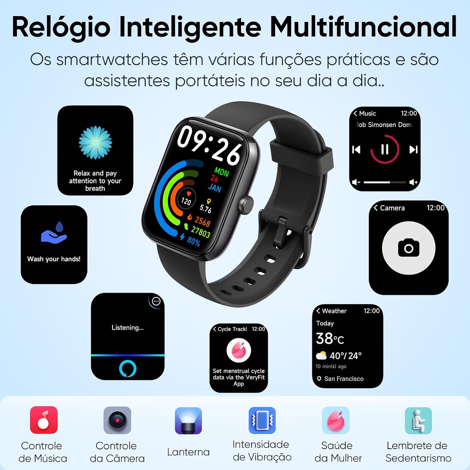 Smartwatch com Alexa Integrada, Tela Colorida 1.83", Notificações em Tempo Real, Pulseira de Silicone, Relógio Inteligente para Esporte e Uso Diário (Preto) Smartwatch com Alexa Integrada, Tela Colorida 1.83", Notificações em Tempo Real, Pulseira de Silicone, Relógio Inteligente para Esporte e Uso Diário (Preto)