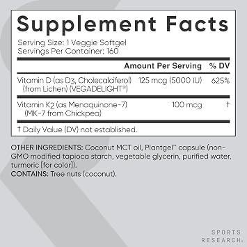 Sports Research Vitamin D3 K2 with 5000iu of Plant-Based D3 & 100mcg of Vitamin K2 as MK-7, Non-GMO Verified & Vegan Certified - 160 Liquid Softgels