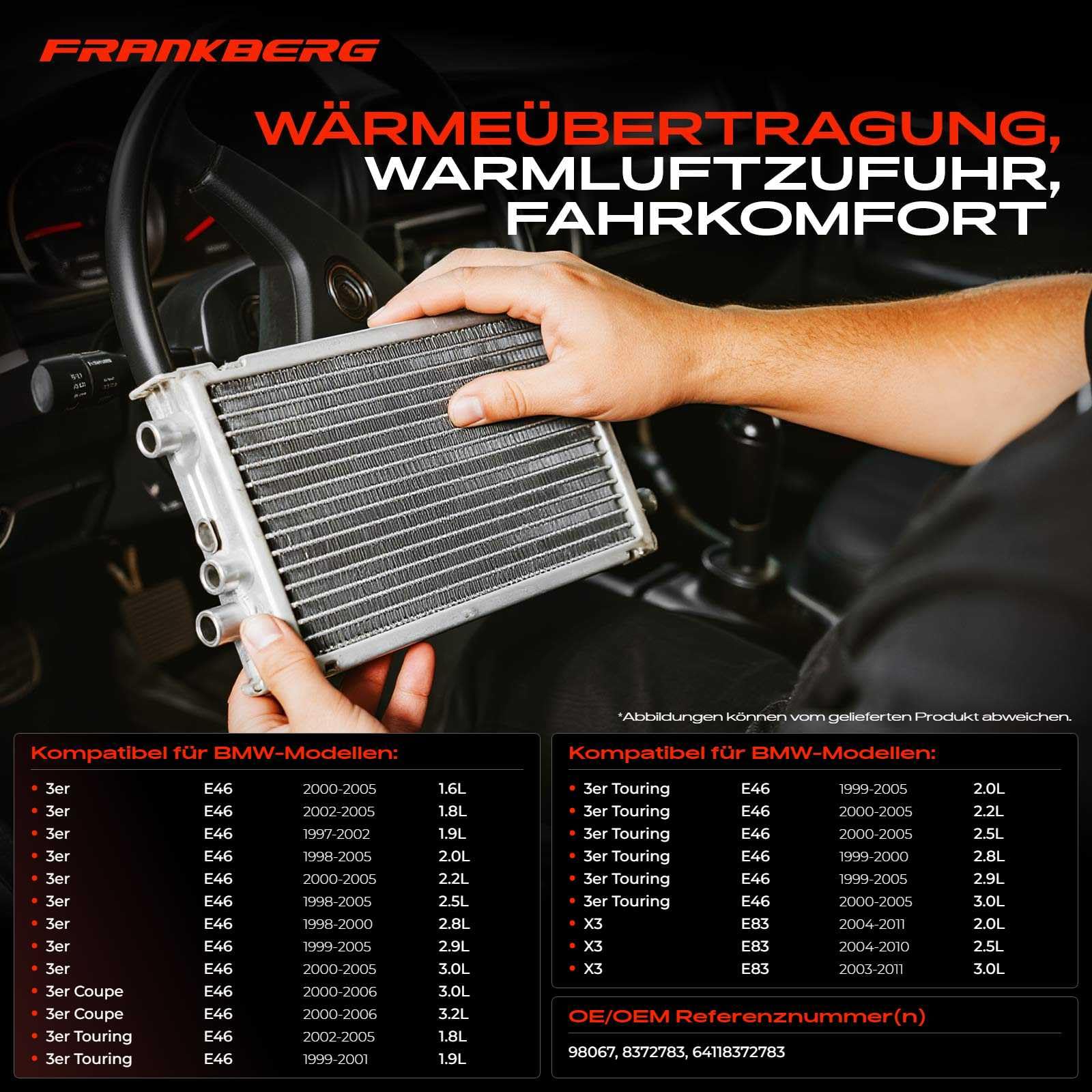 Frankberg Wärmetauscher Innenraumheizung Kompatibel mit 3er E46 1998-2007 X3 E83 2003-2011 Replace# 64118372783